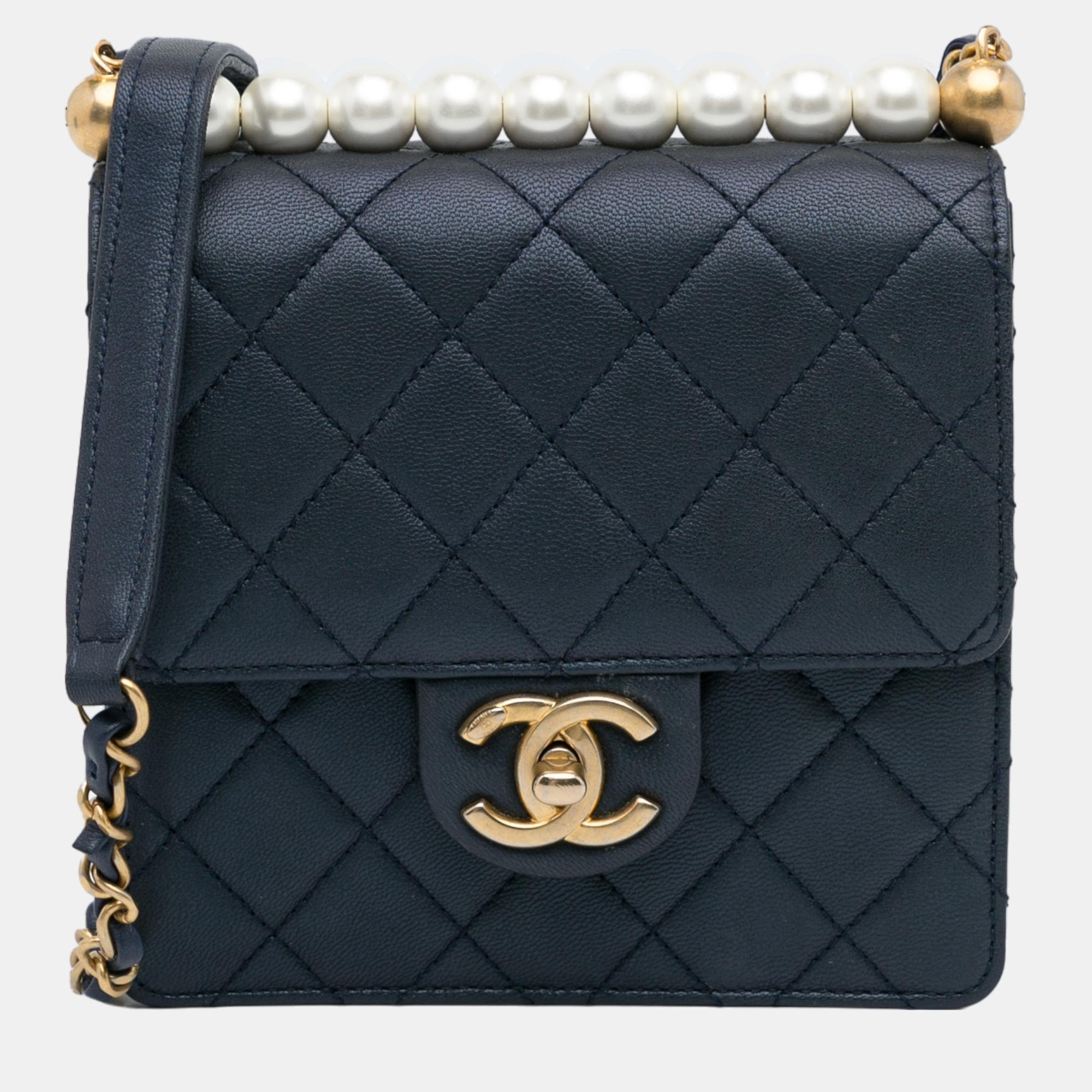 Chanel Navy Blue Small Chic Pearls Flap Bag