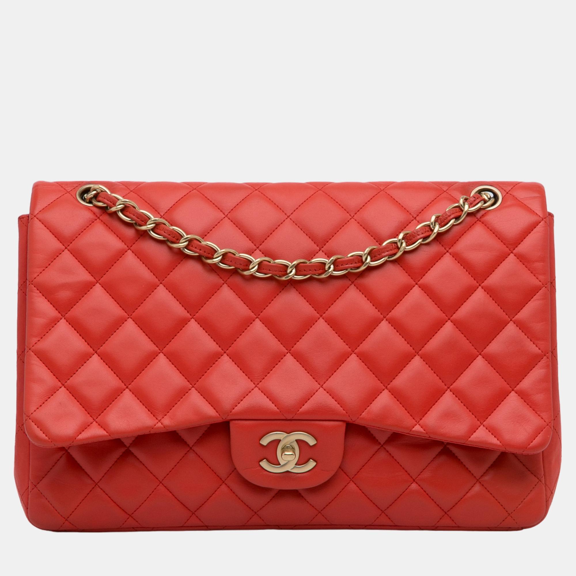 Chanel Red Maxi Classic Lambskin Single Flap Bag
