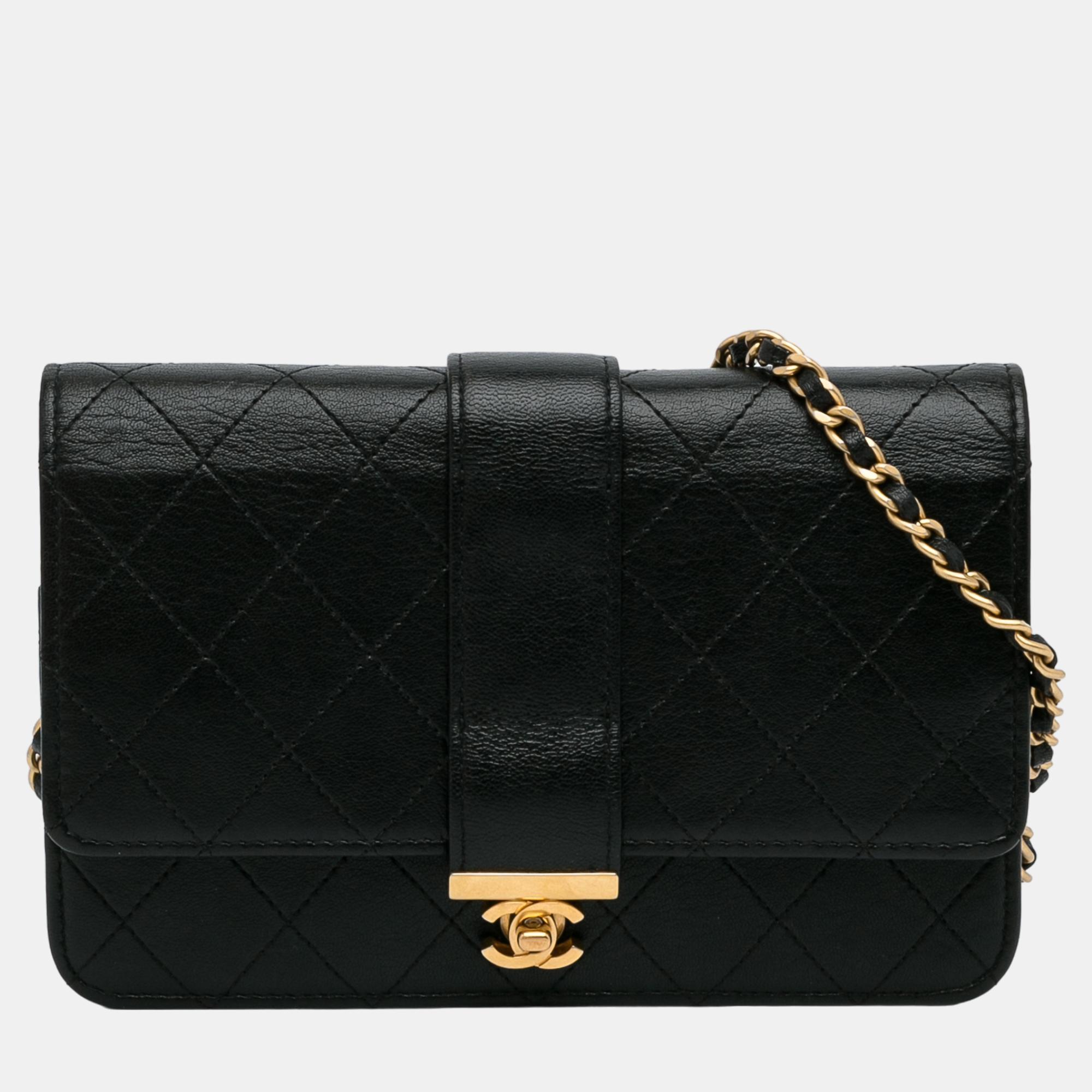 Chanel Black Front CC Strap Lambskin Wallet On Chain