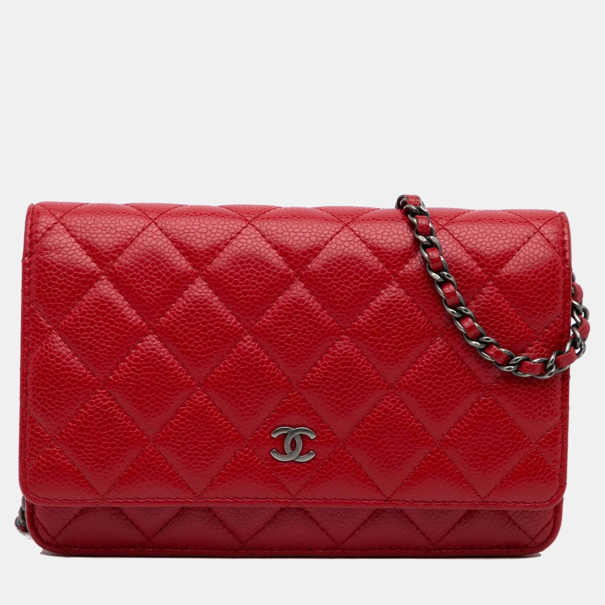 Chanel Red CC Caviar Wallet On Chain