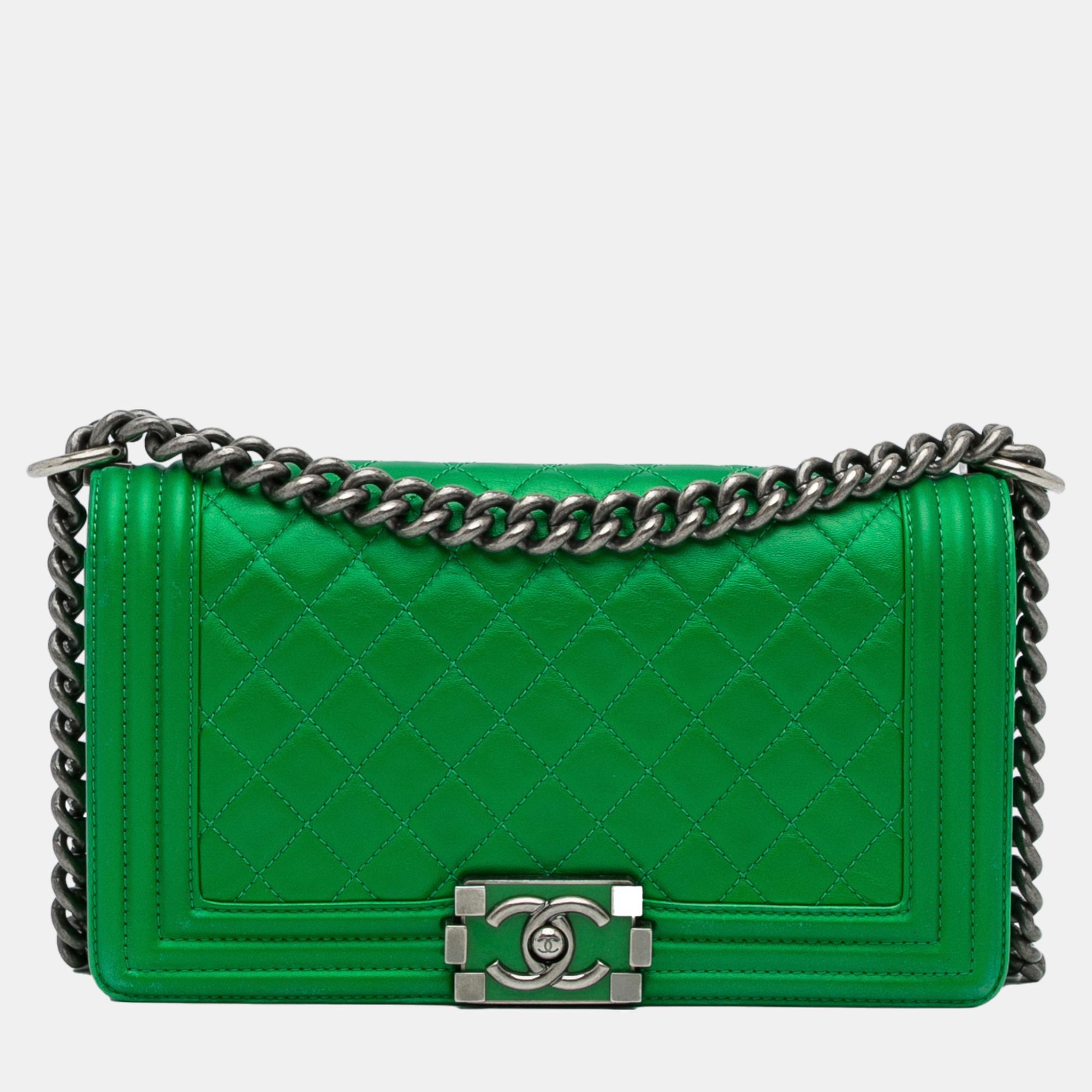 Chanel Green Medium Lambskin Boy Flap Bag