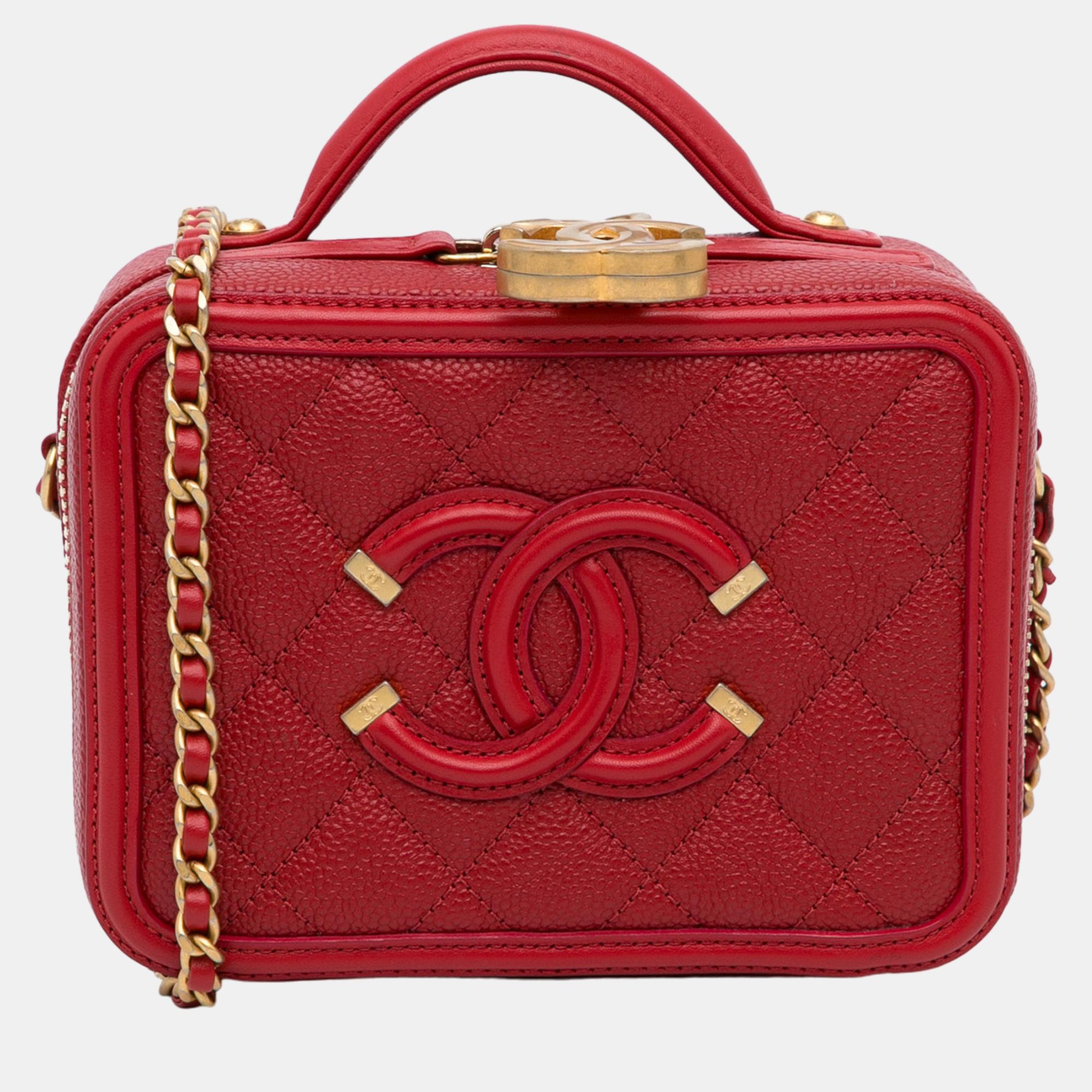 Chanel red small caviar cc filigree vanity bag