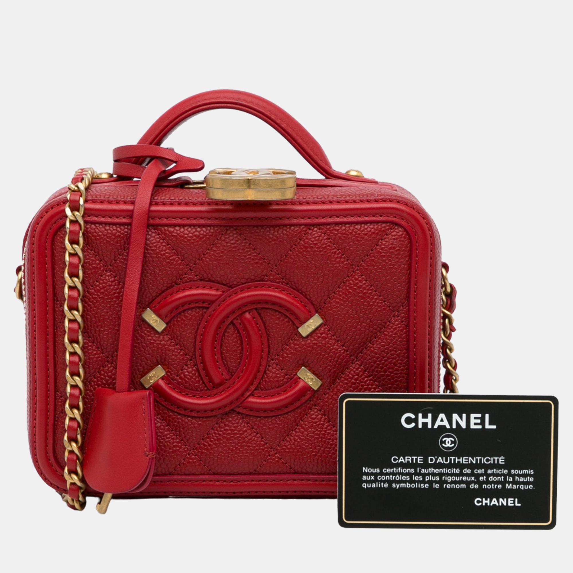 Chanel Red Small Caviar CC Filigree Vanity Bag