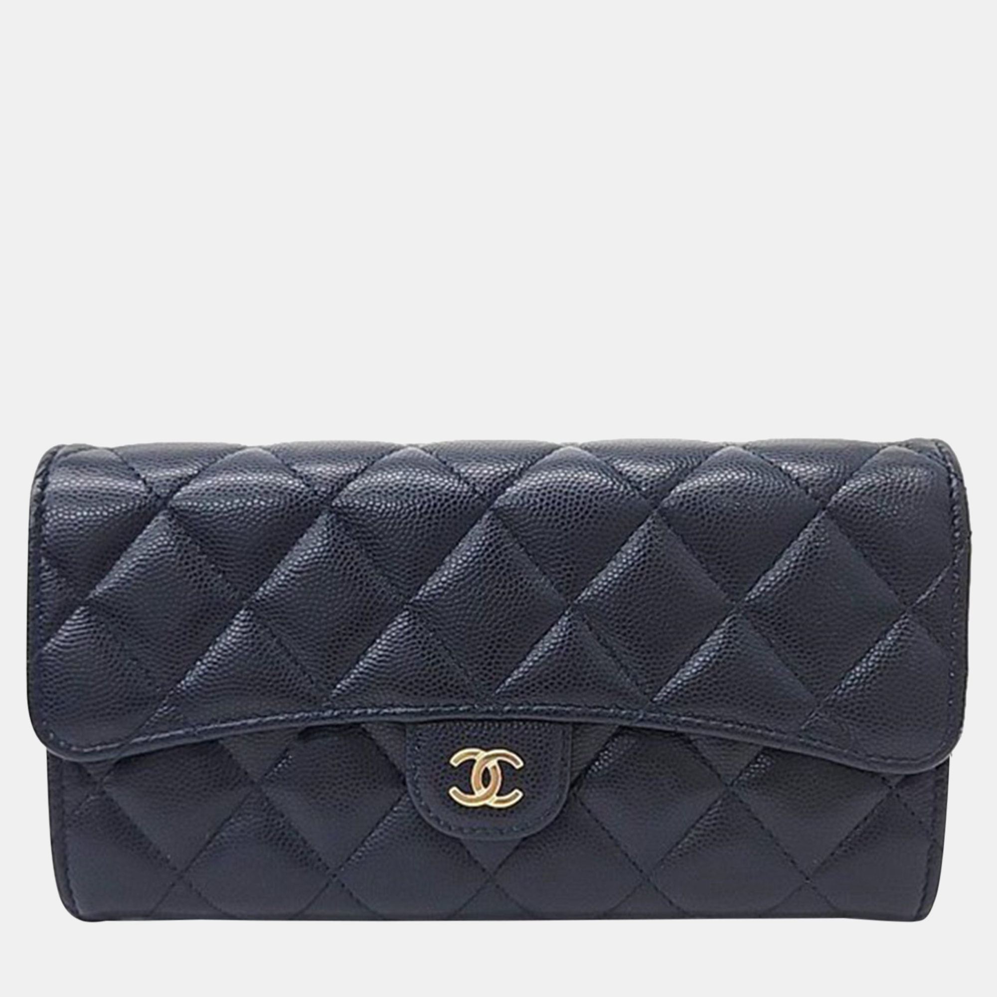 Chanel navy blue caviar leather long wallet