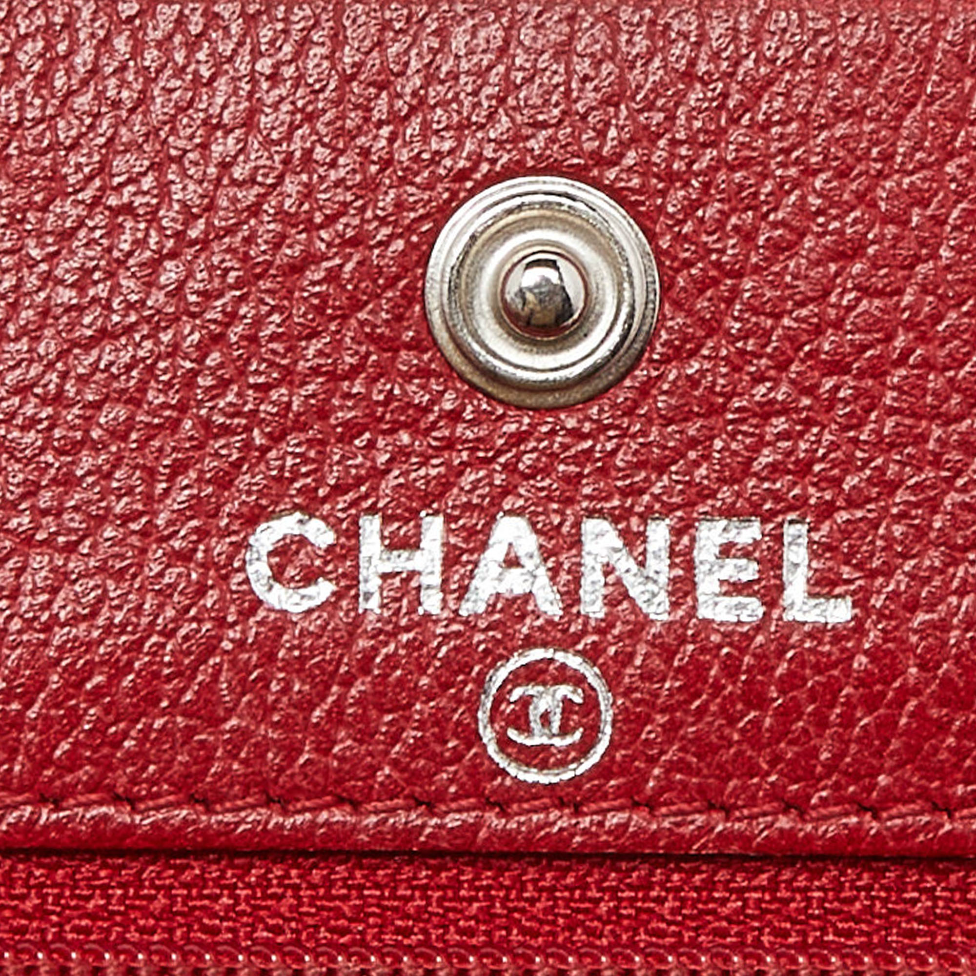 Chanel Red Leather Camellia Wallet On Chain