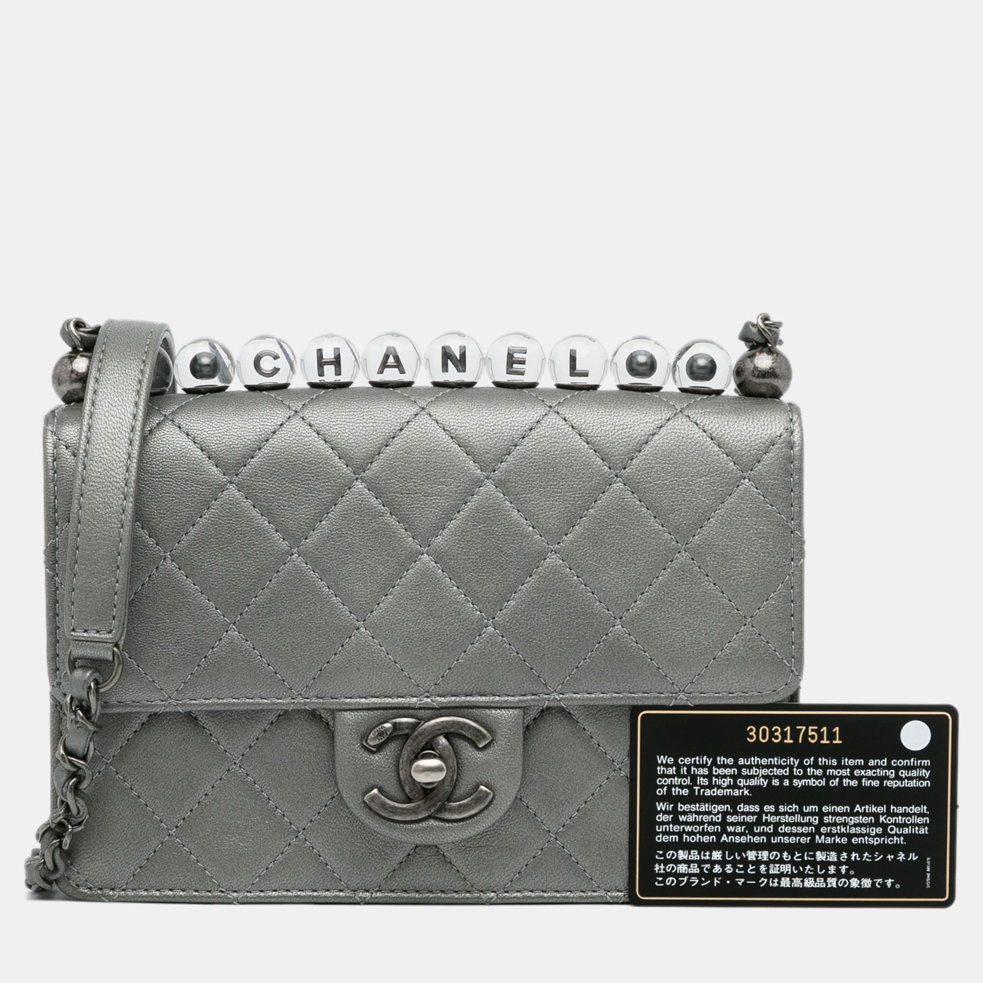 Chanel Silver Medium Chic Pearls Lambskin Flap