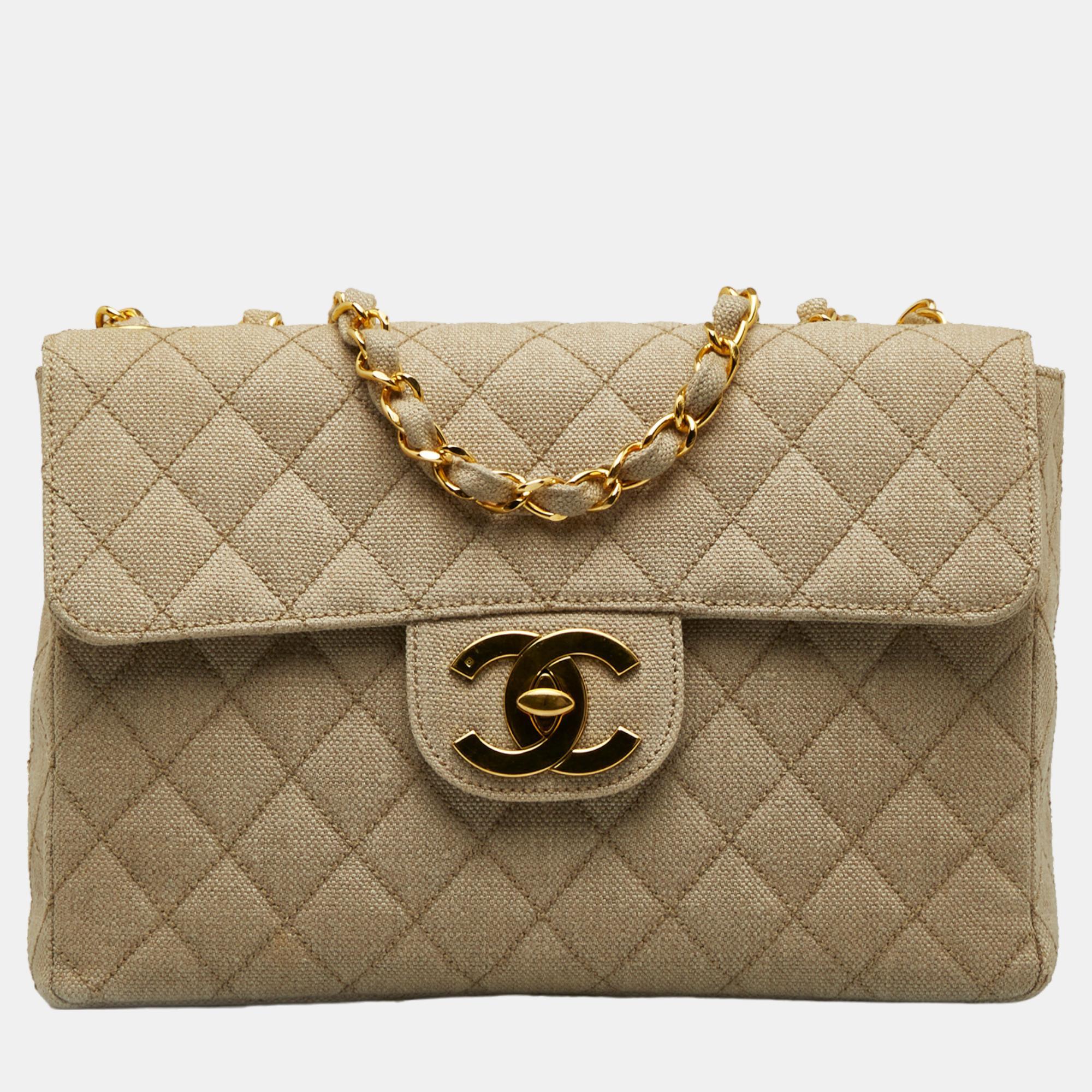 Chanel Beige Jumbo XL Classic Cotton Single Flap