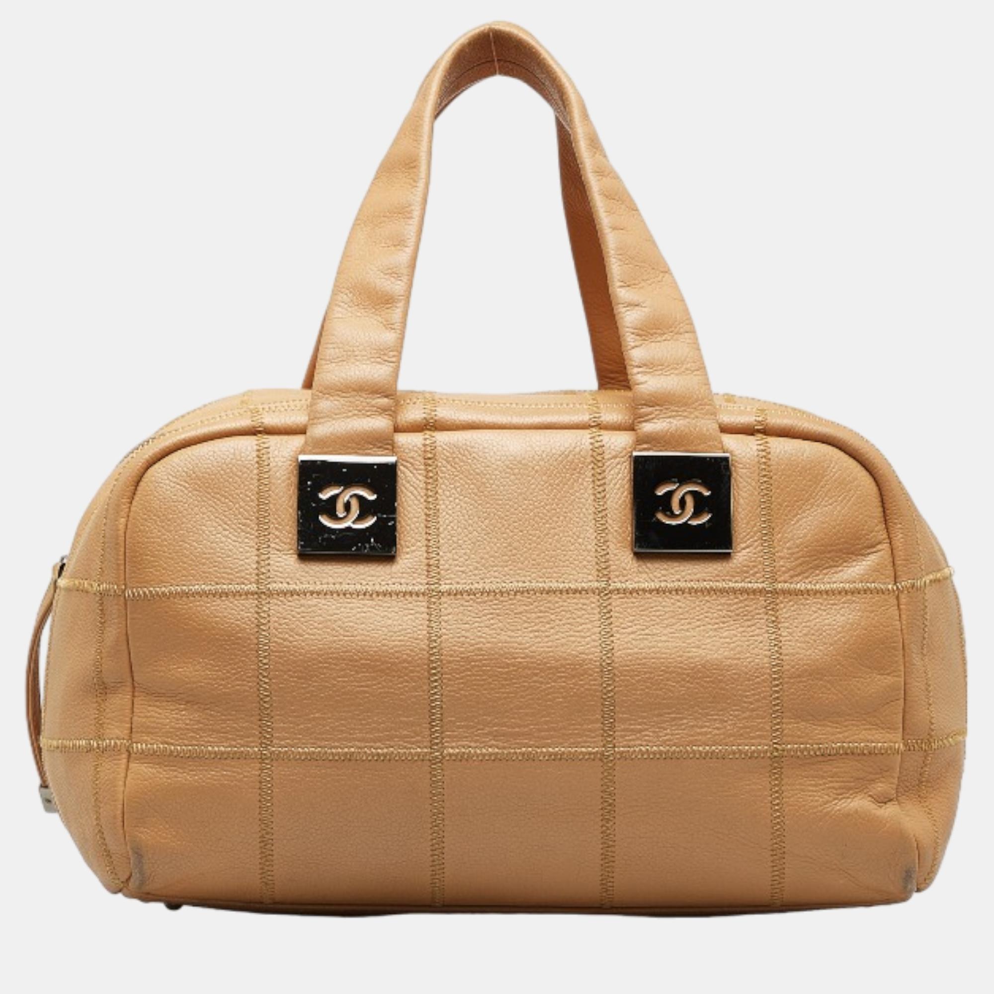 Chanel Brown Leather Choco Bar Leather Boston Bag Handbag