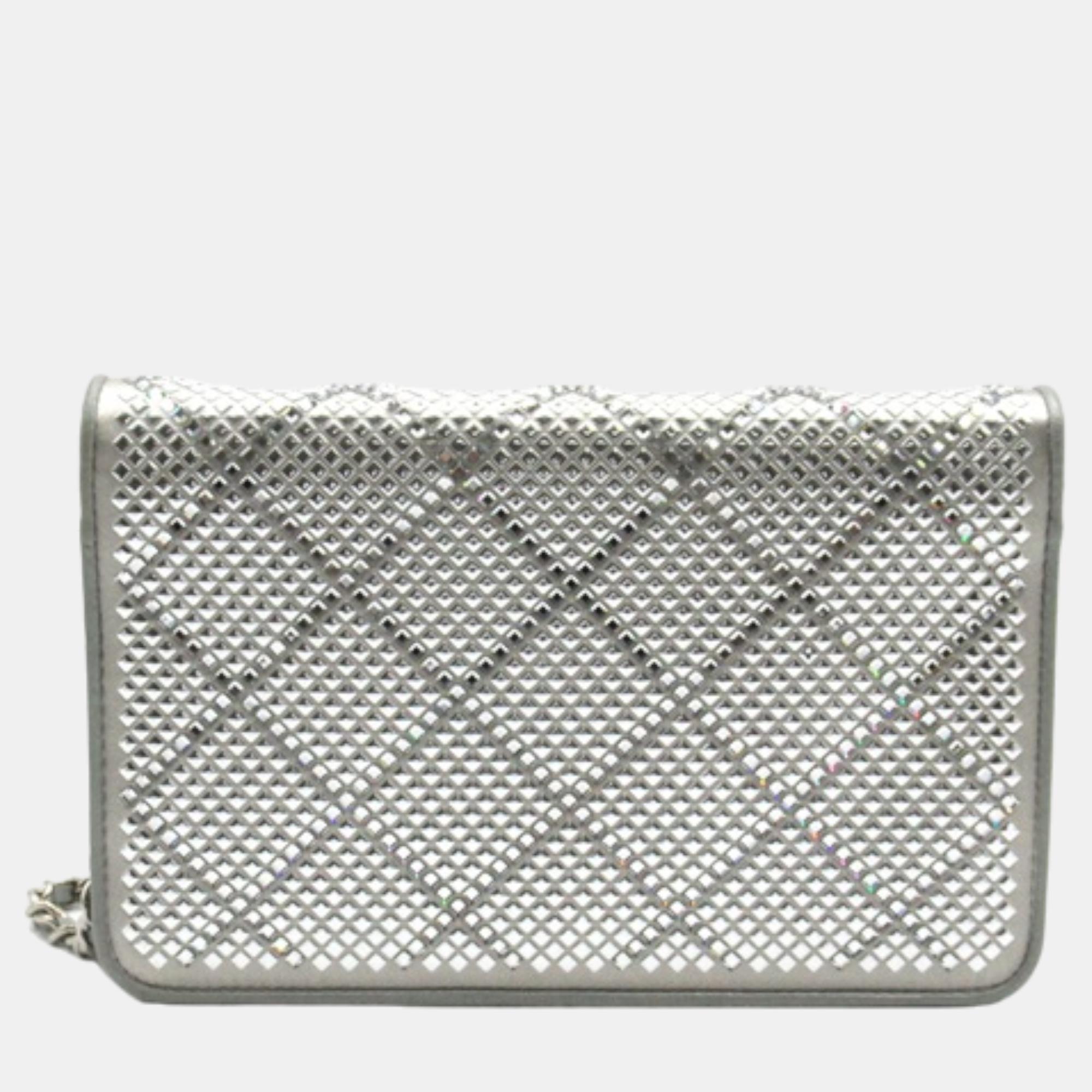 Chanel Silver Leather Studded Matelasse Wallet On Chain Crossbody Bag