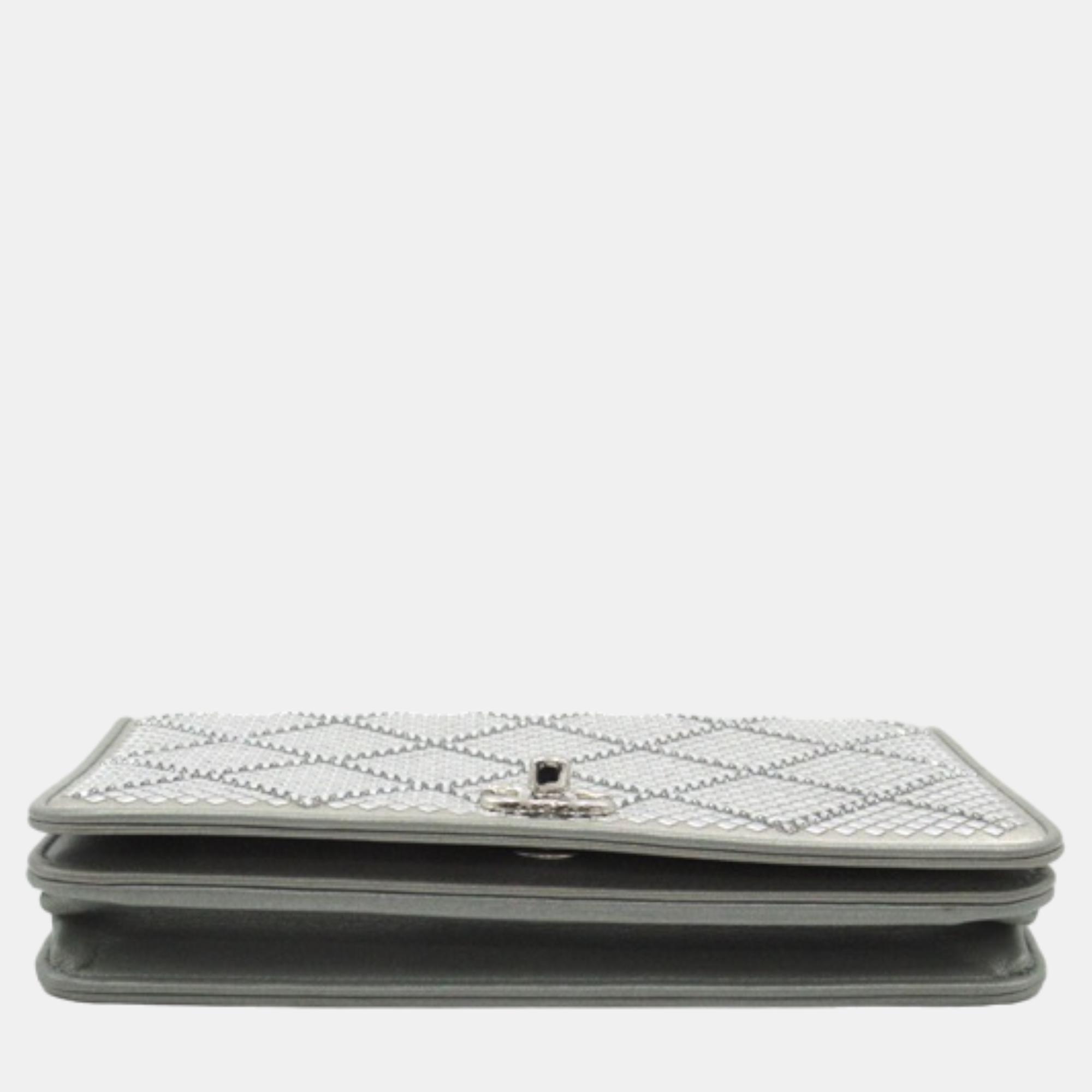 Chanel Silver Leather Studded Matelasse Wallet On Chain Crossbody Bag