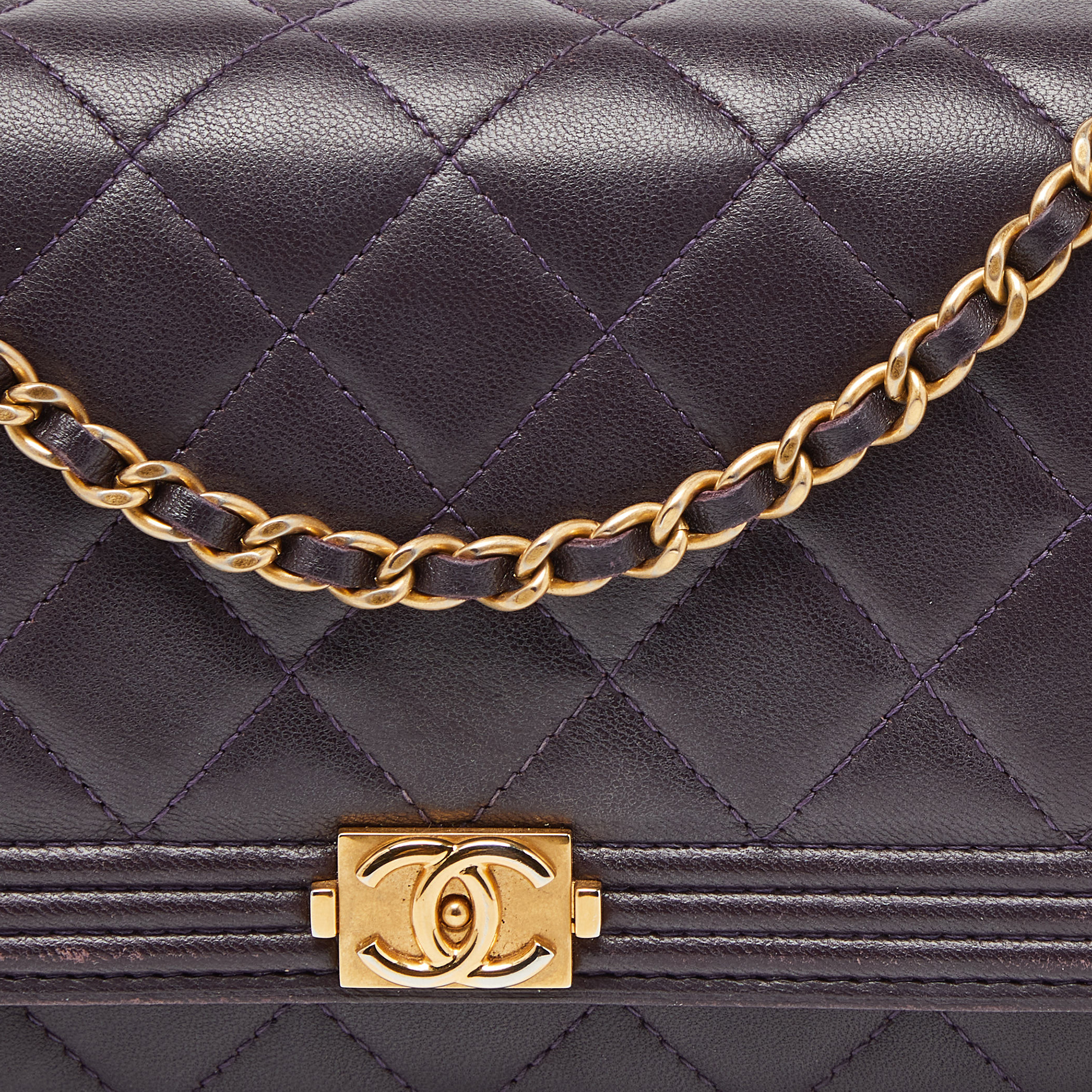Chanel Purple Quilted Leather Boy Wallet On Chain