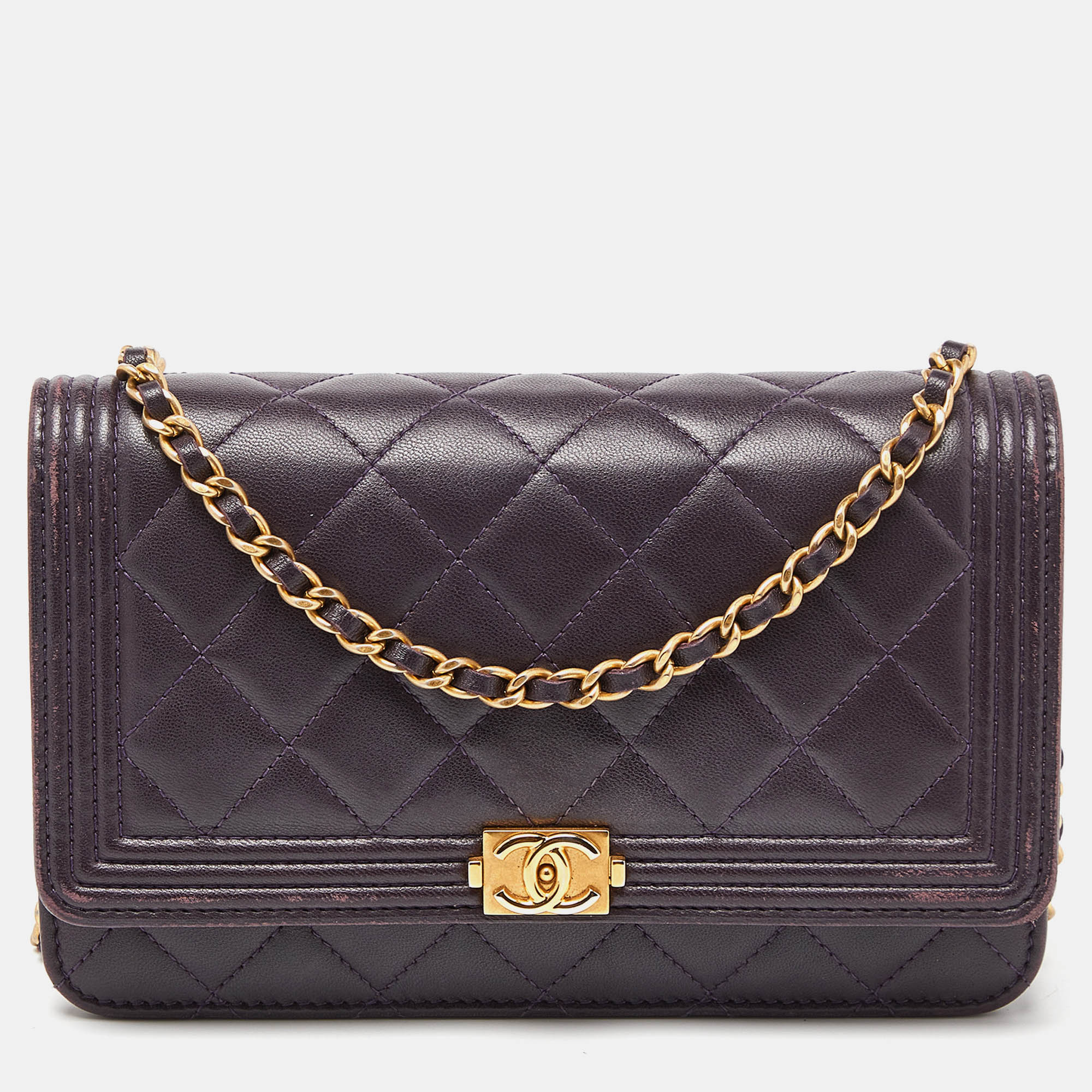 Chanel Purple Quilted Leather Boy Wallet On Chain