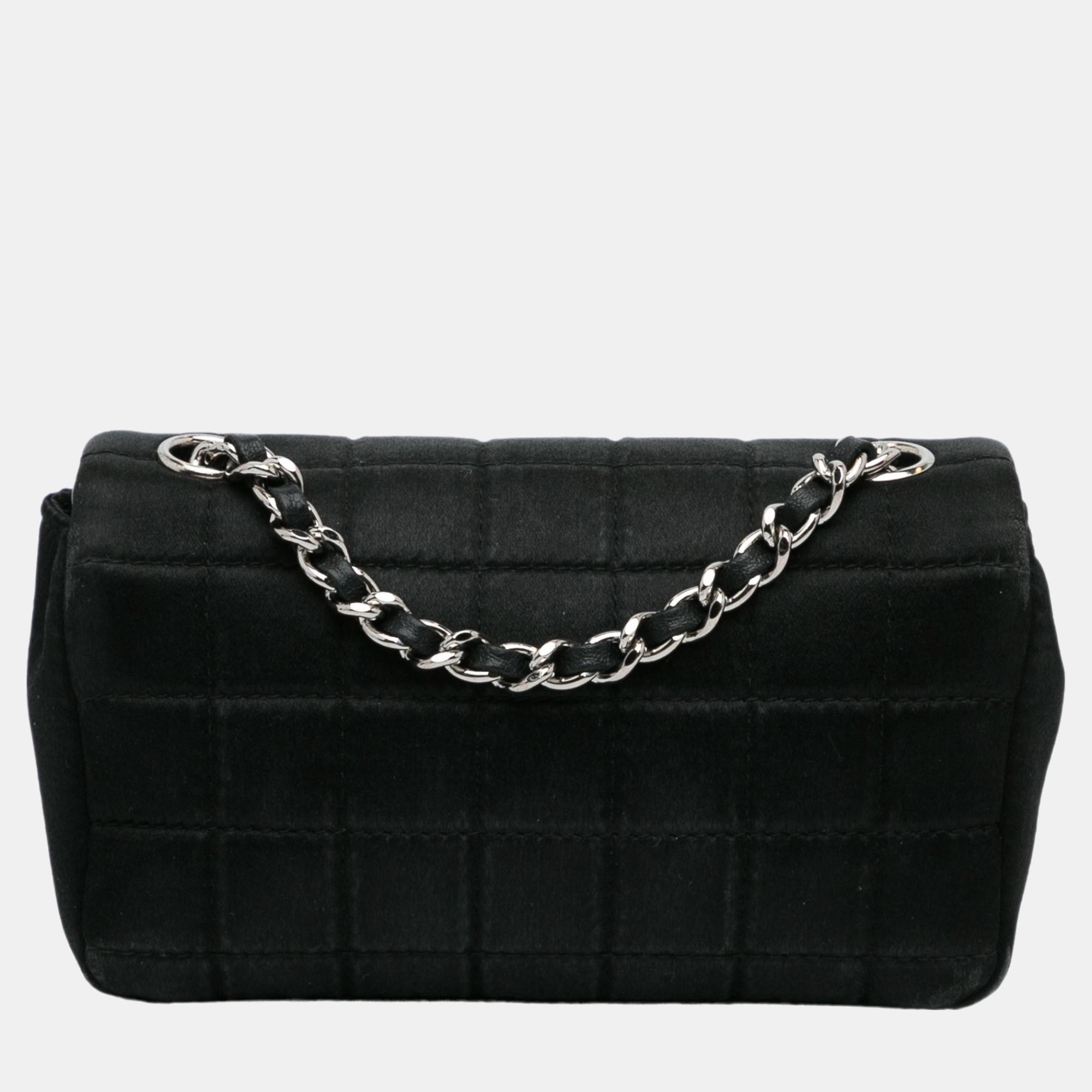 Chanel Black Extra Mini Satin Choco Bar Charms Flap Bag