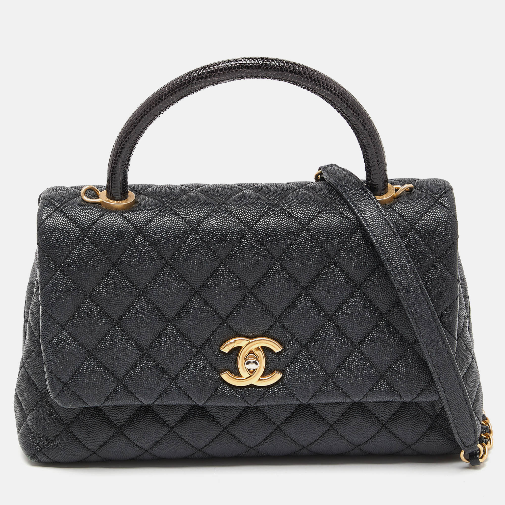 Chanel Black Quilted Caviar Leather And Lizard Handle Small Coco Top Handle Bag