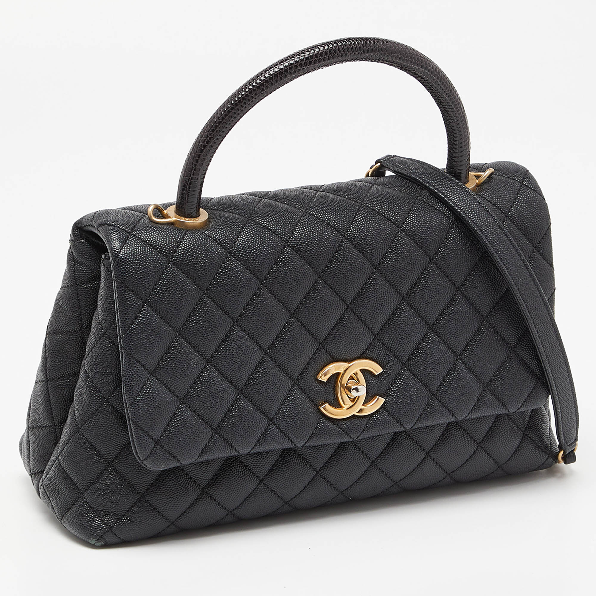 Chanel Black Quilted Caviar Leather And Lizard Handle Small Coco Top Handle Bag