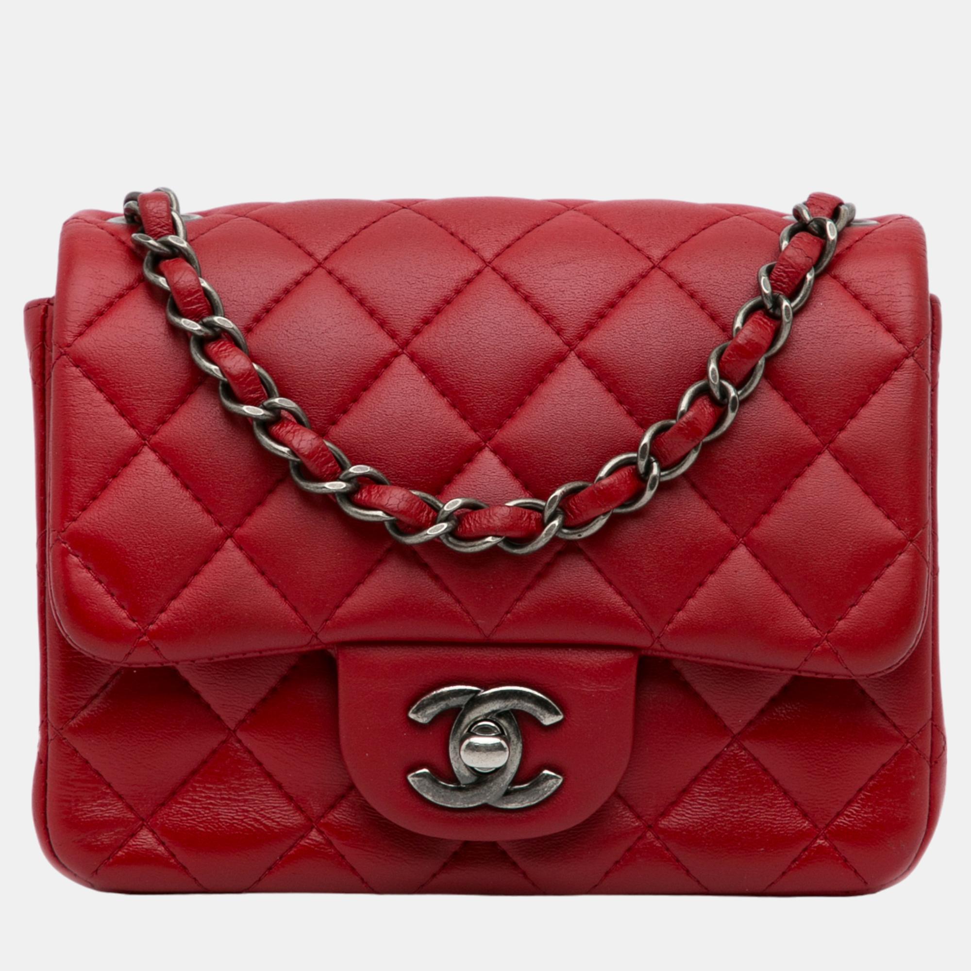 Chanel red mini classic lambskin square flap