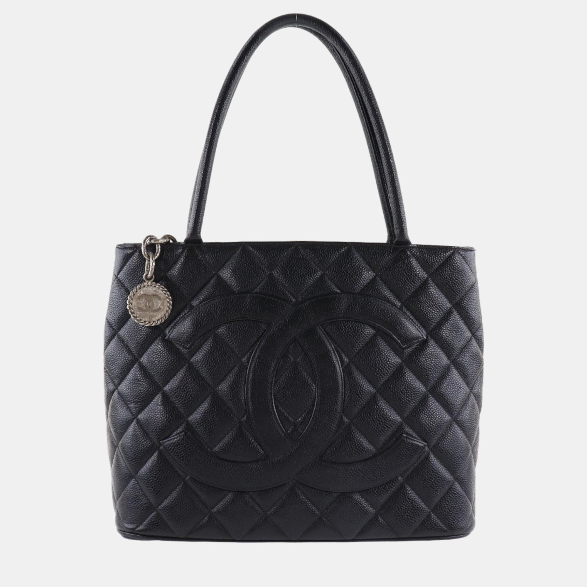 Chanel Black Caviar Leather CC Medallion Tote Bag