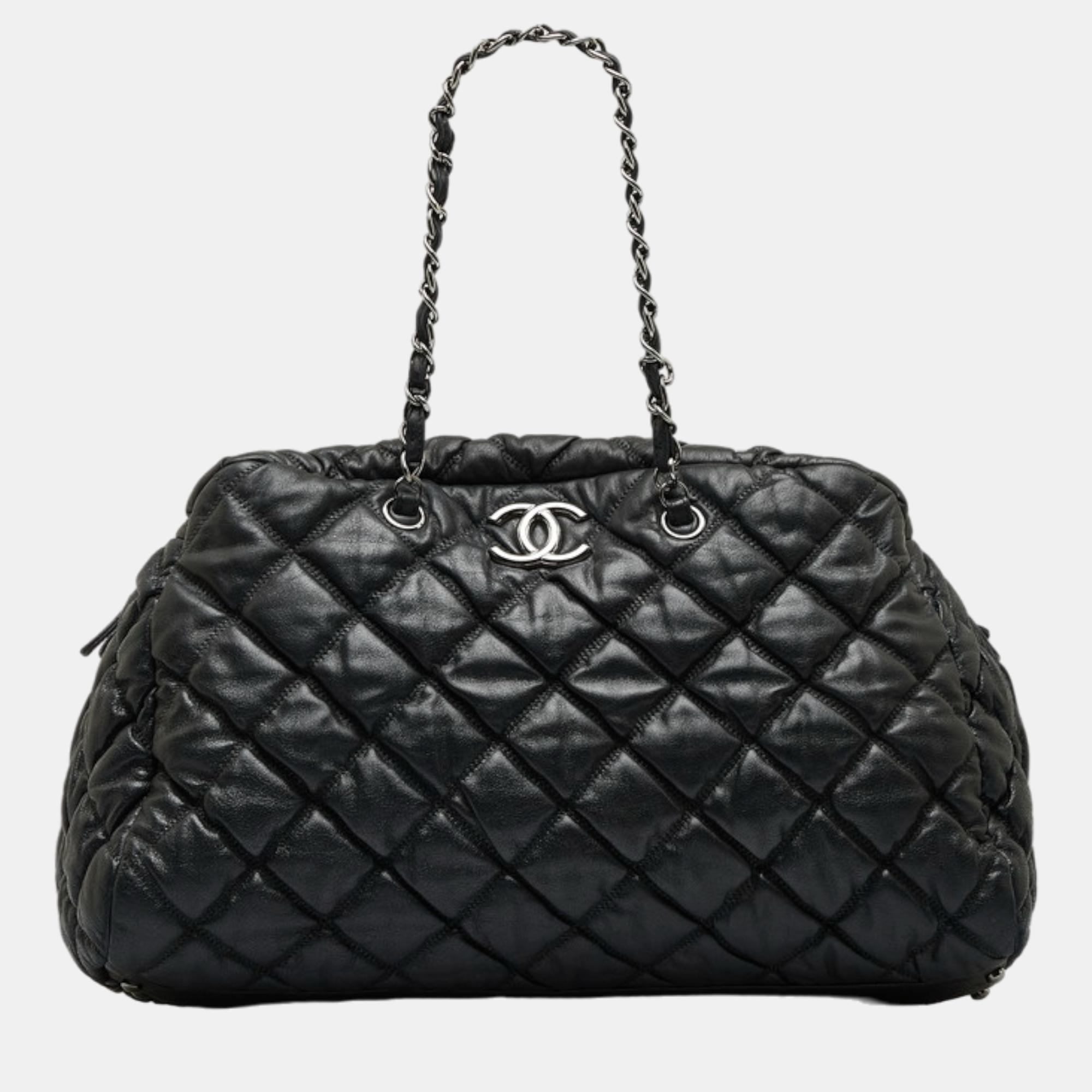 Chanel Black Leather CC Quilted Leather Chain Zip Tote Tote Bag