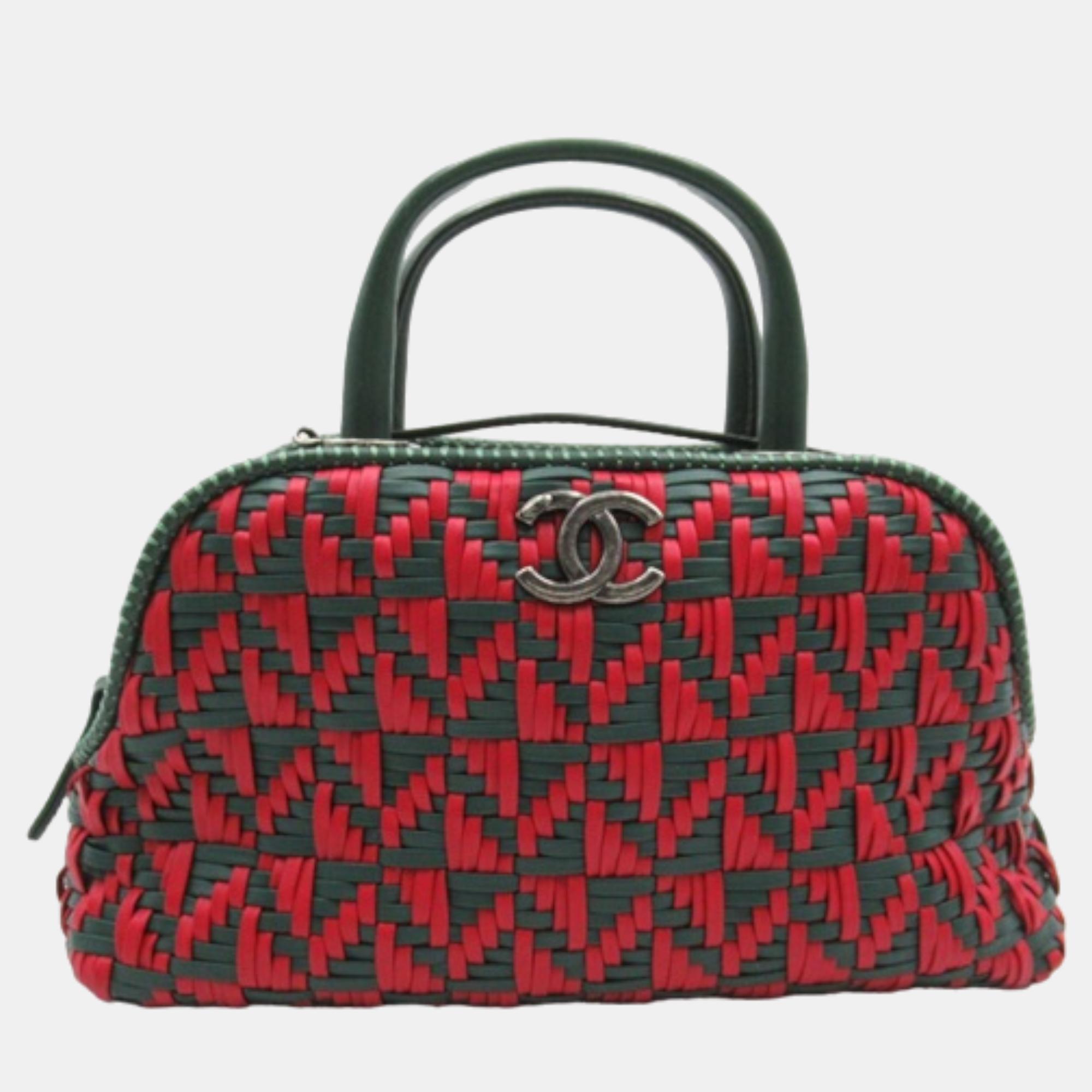 Chanel Red Leather Woven Leather Mini Boston Bag