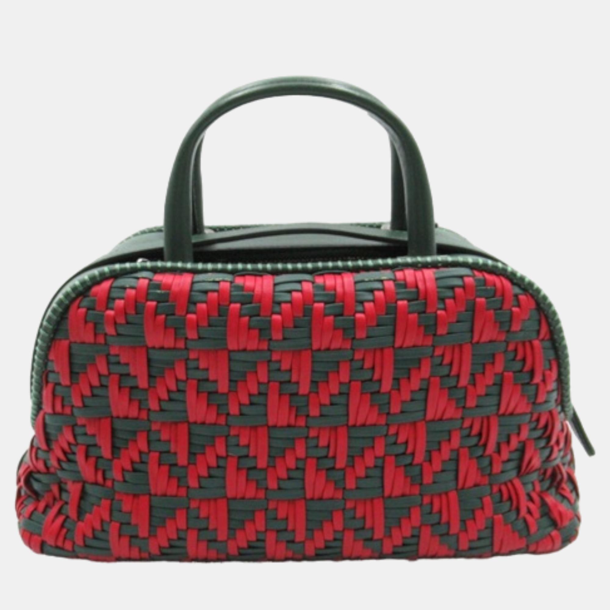 Chanel Red Leather Woven Leather Mini Boston Bag