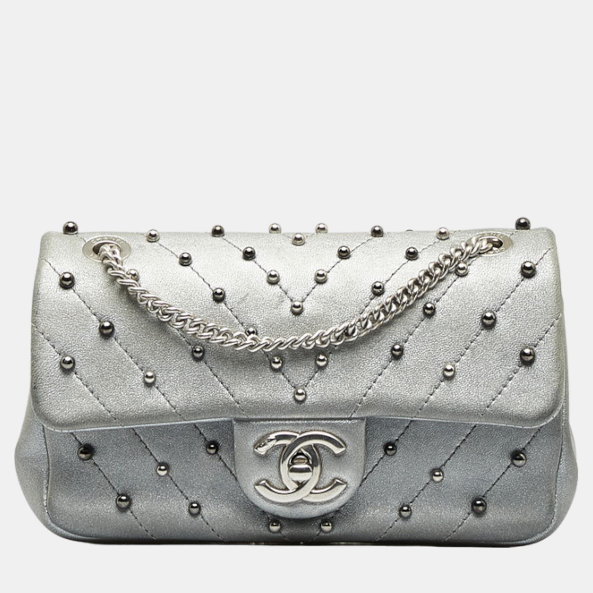 Chanel silver leather cc chevron studded leather flap bag