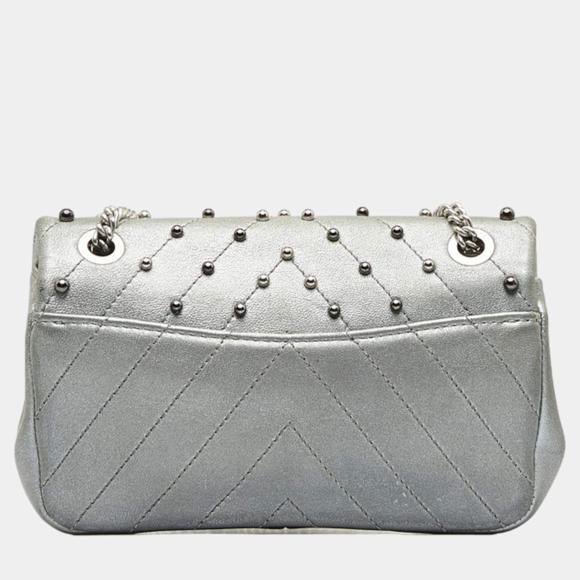Chanel Silver Leather CC Chevron Studded Leather Flap Bag