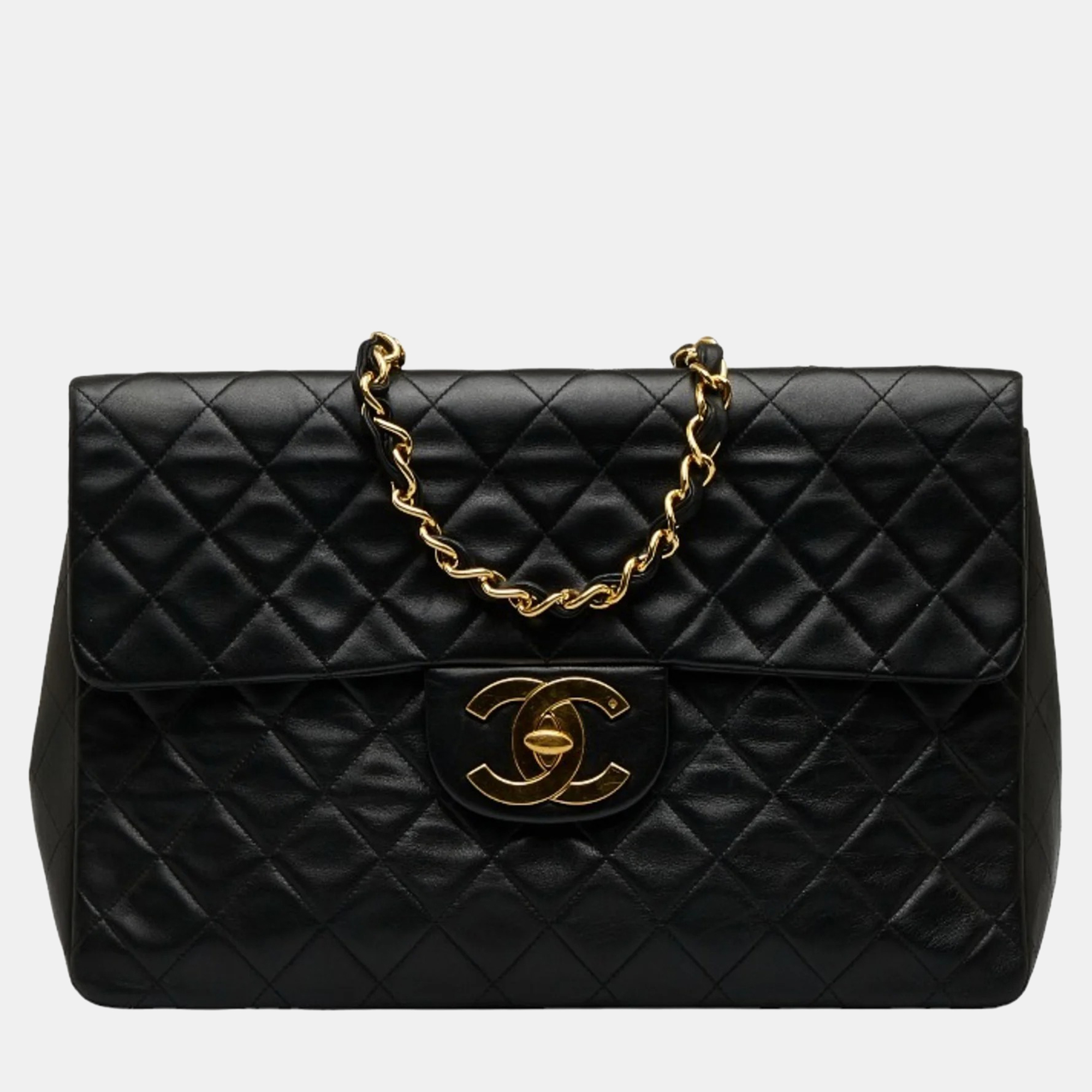 Chanel black lambskin leather classic jumbo xl maxi flap bag