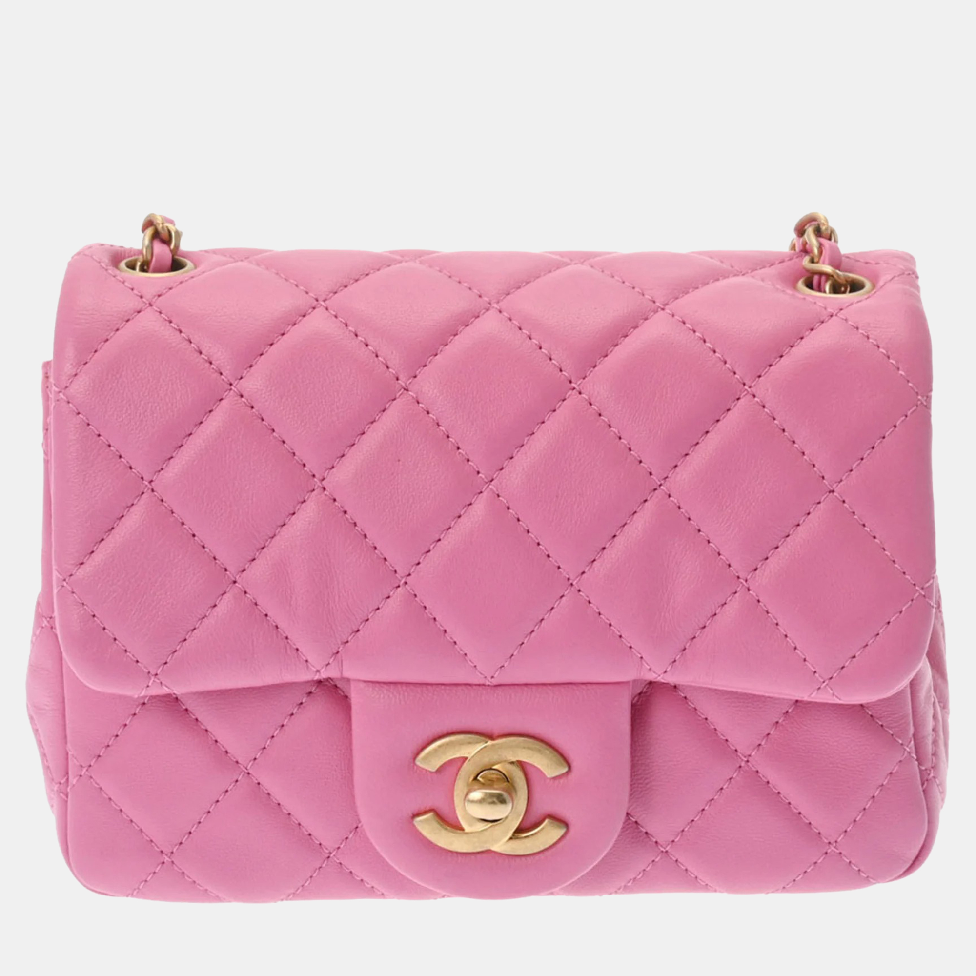 Chanel pink lambskin leather mini pearl crush flap bag