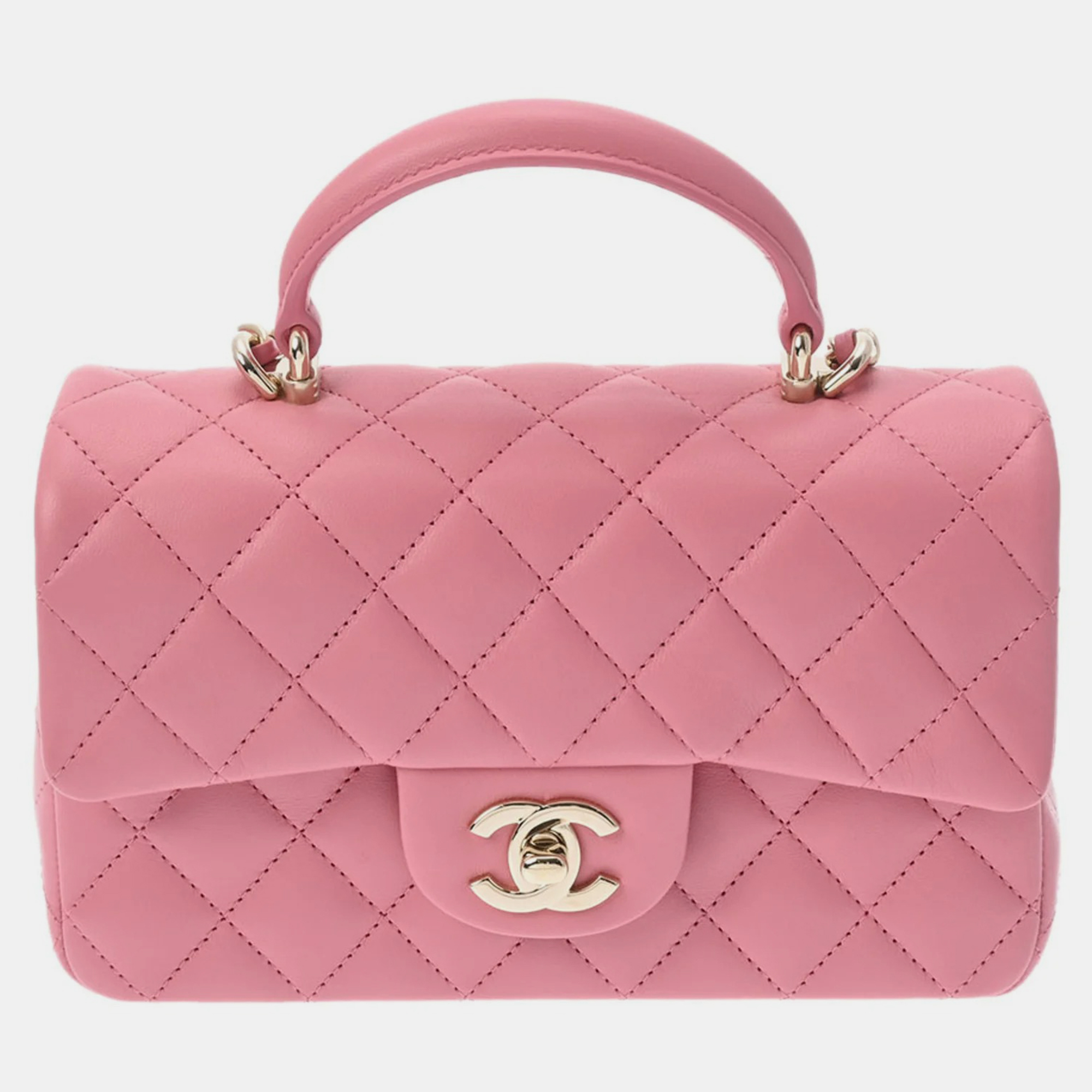 Chanel pink lambskin leather mini rectangular flap top handle bag