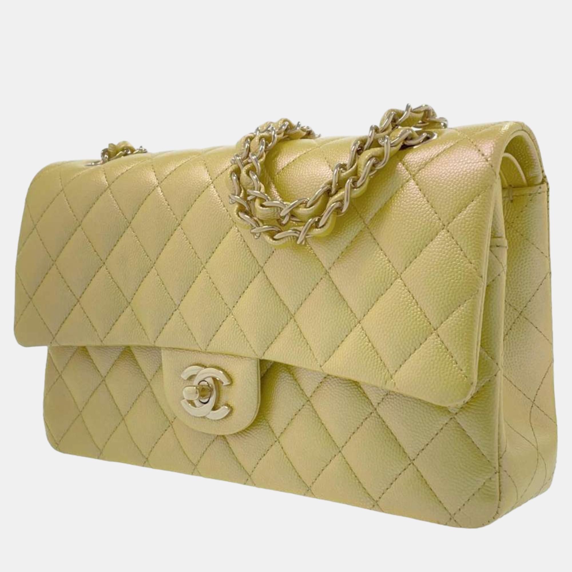 Chanel Yellow Leather Classic Double Flap Shoulder Bag
