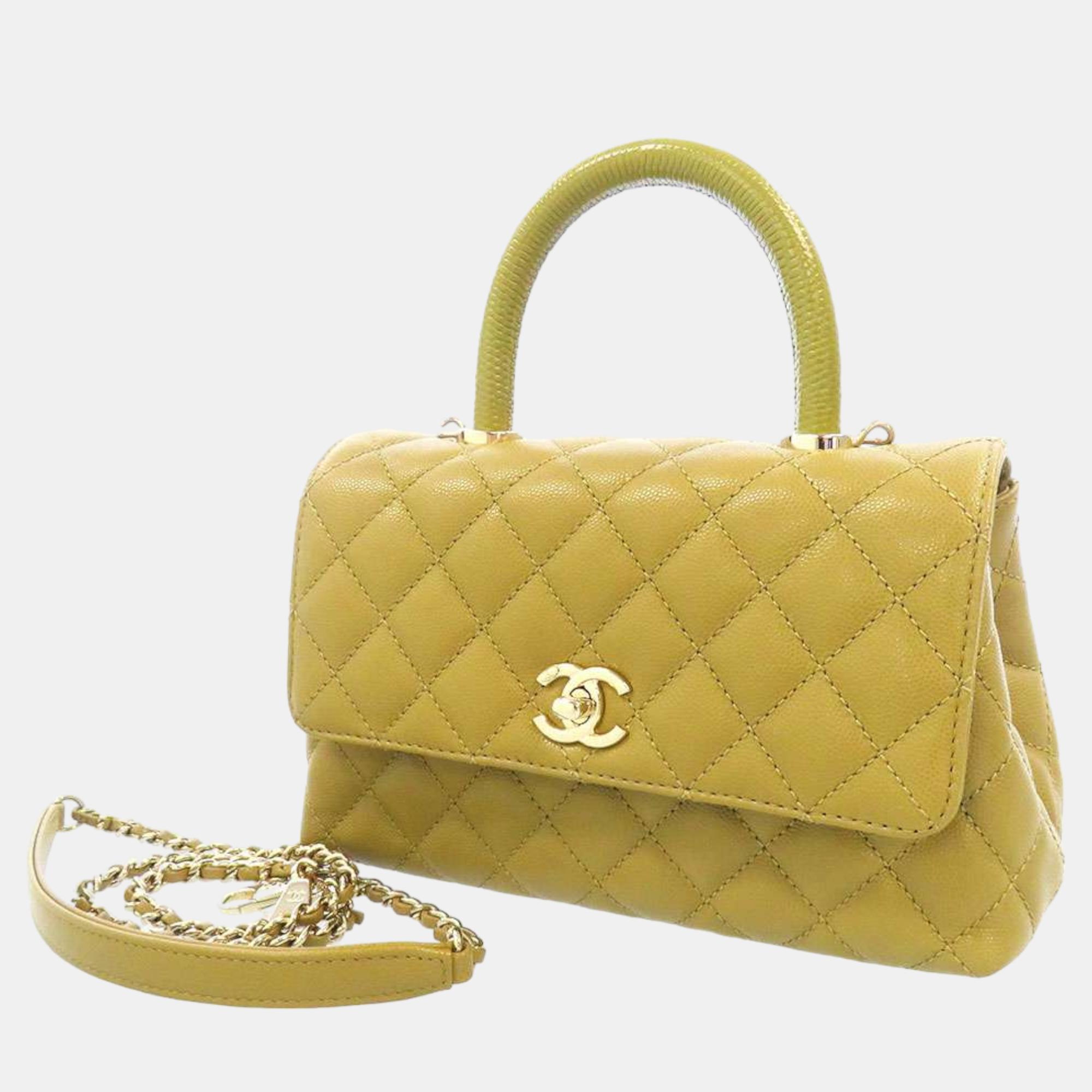 Chanel Yellow Caviar Leather Coco Top Handle Bag