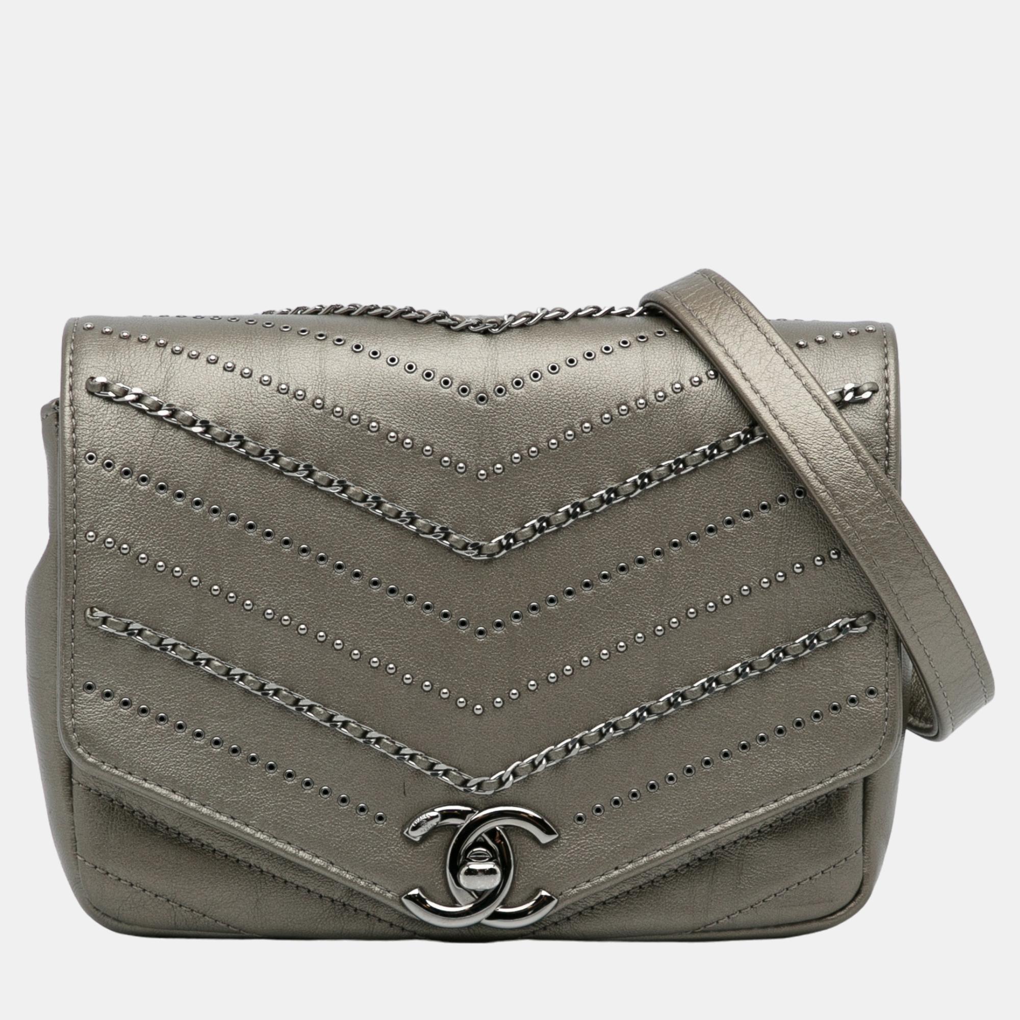 Chanel Grey Mini Embellished Calfskin Chevron Square Envelop Flap