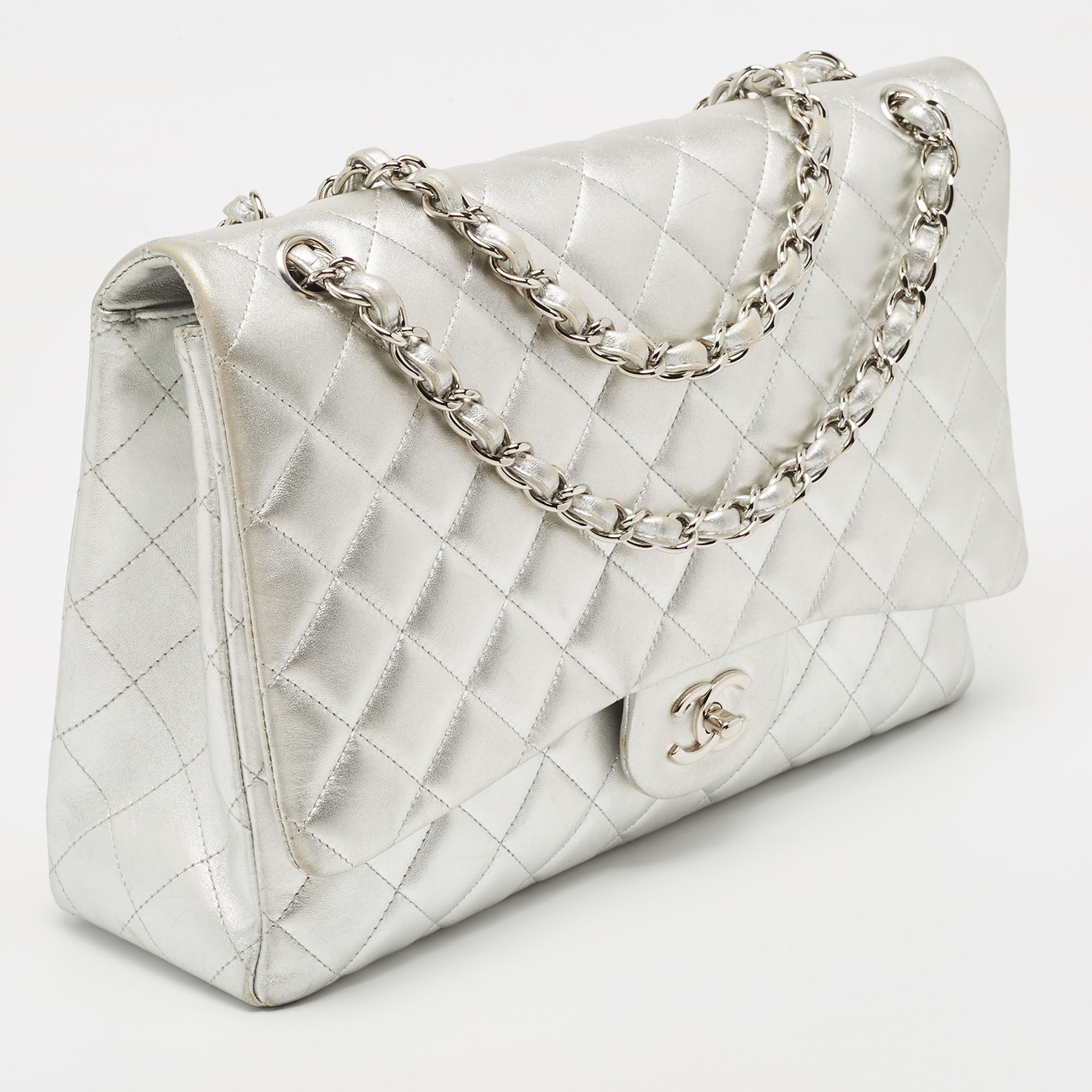 Chanel Silver Quilted Lambskin Leather Maxi Classic Single Flap Bag