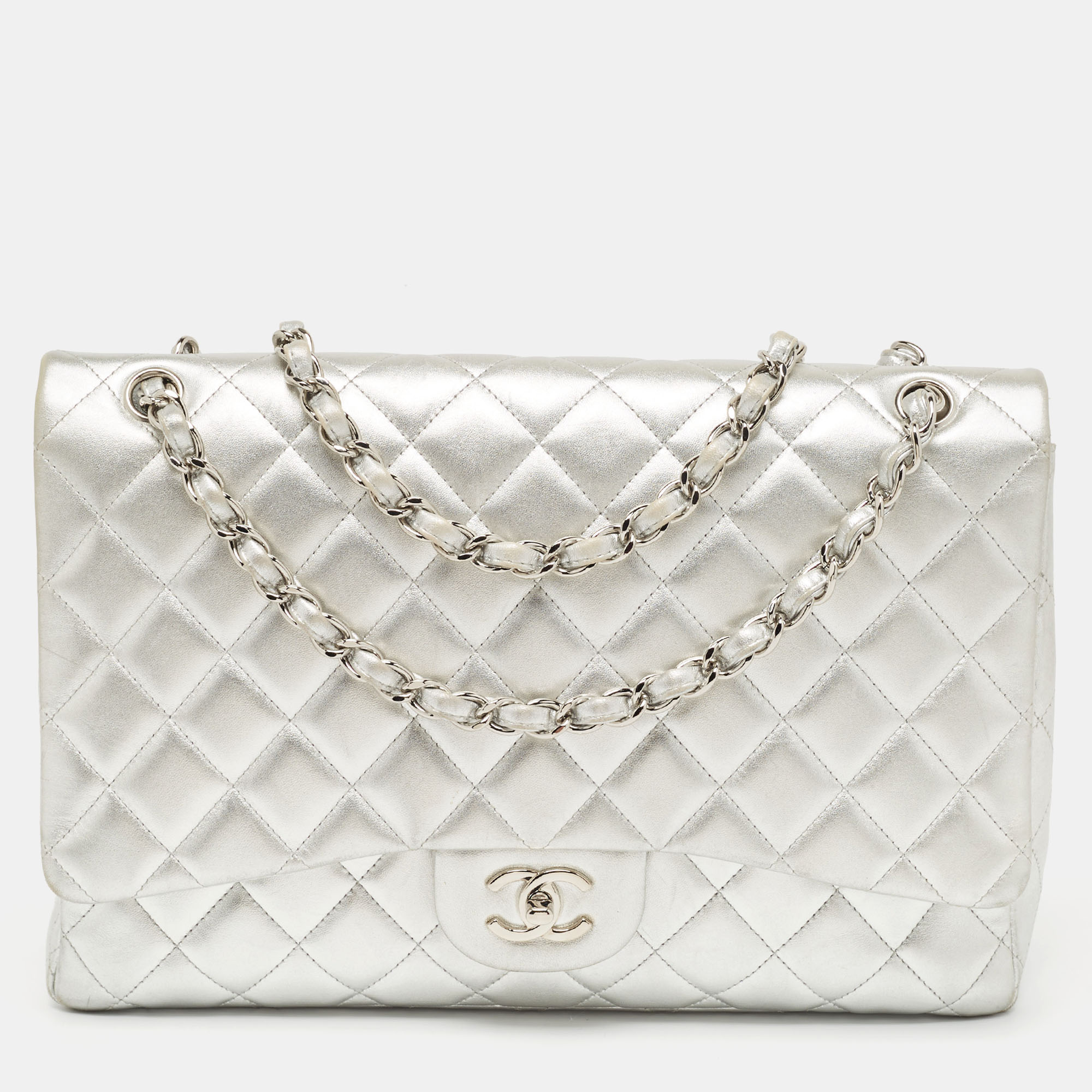 Chanel silver quilted lambskin leather maxi classic single flap bag