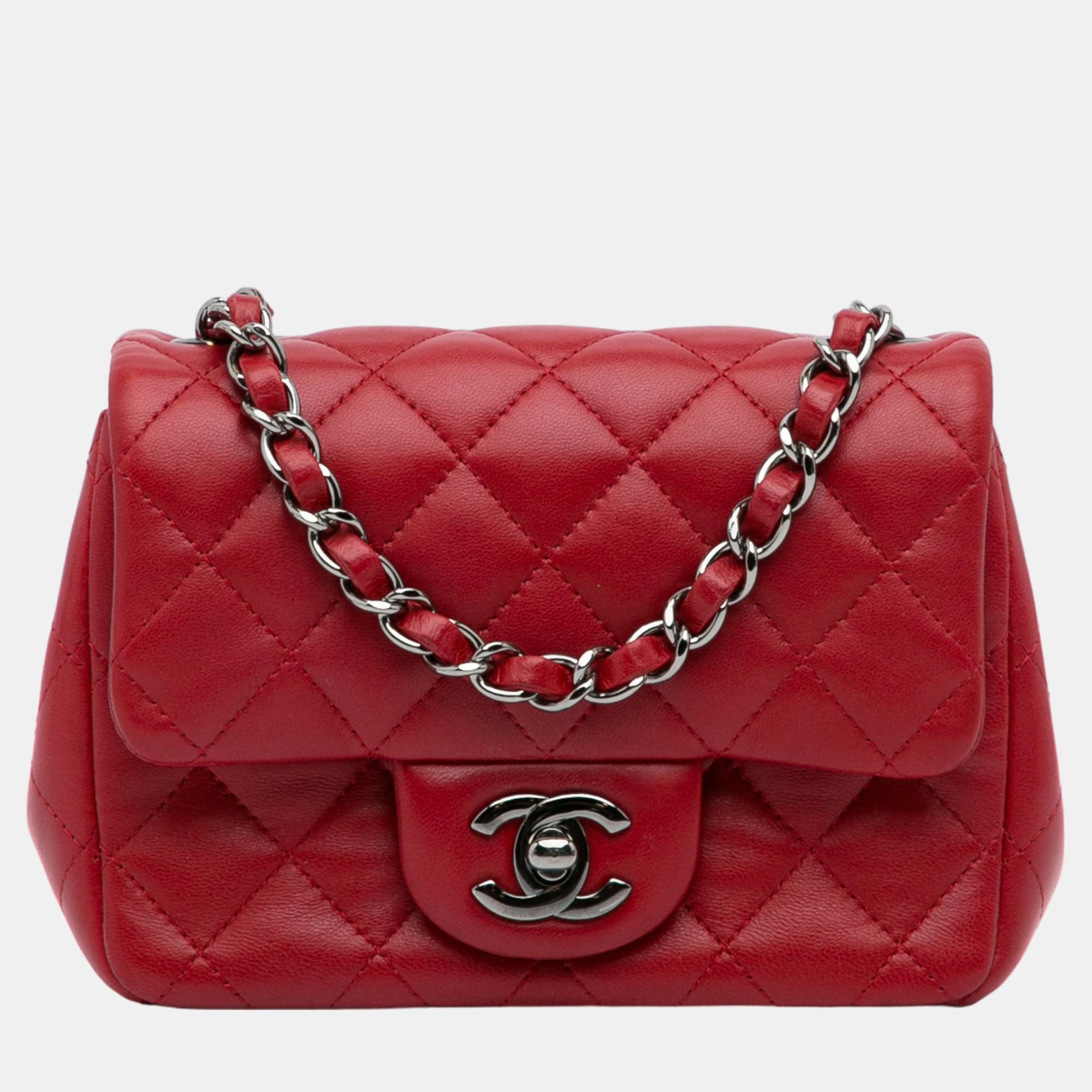 Chanel red mini classic lambskin square single flap