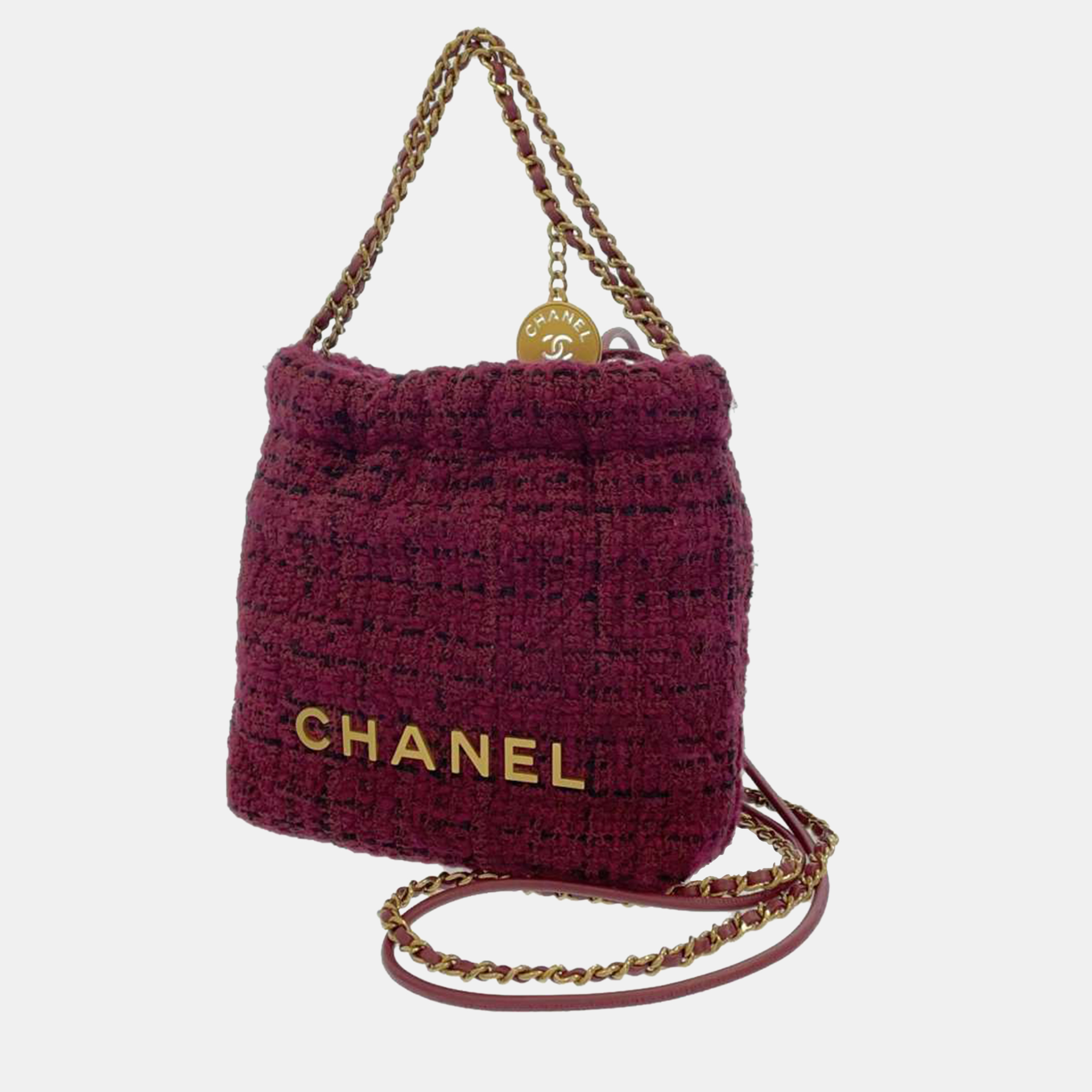CHANEL Burgundy Tweed Mini 22 Hobo Bag