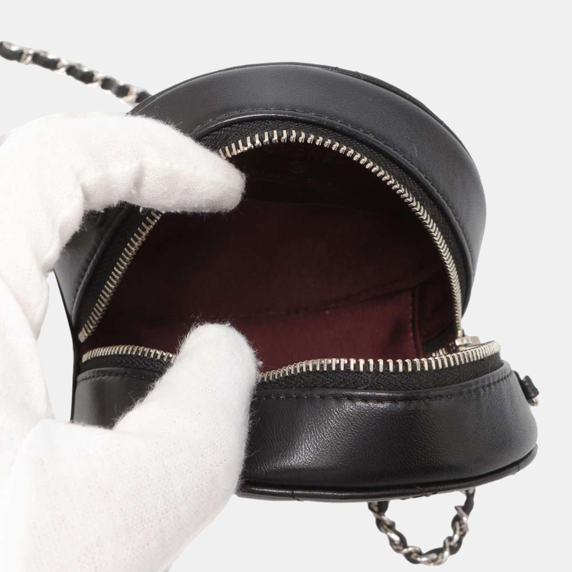 CHANEL Black Caviar Leather Round Clutch W/ Chain