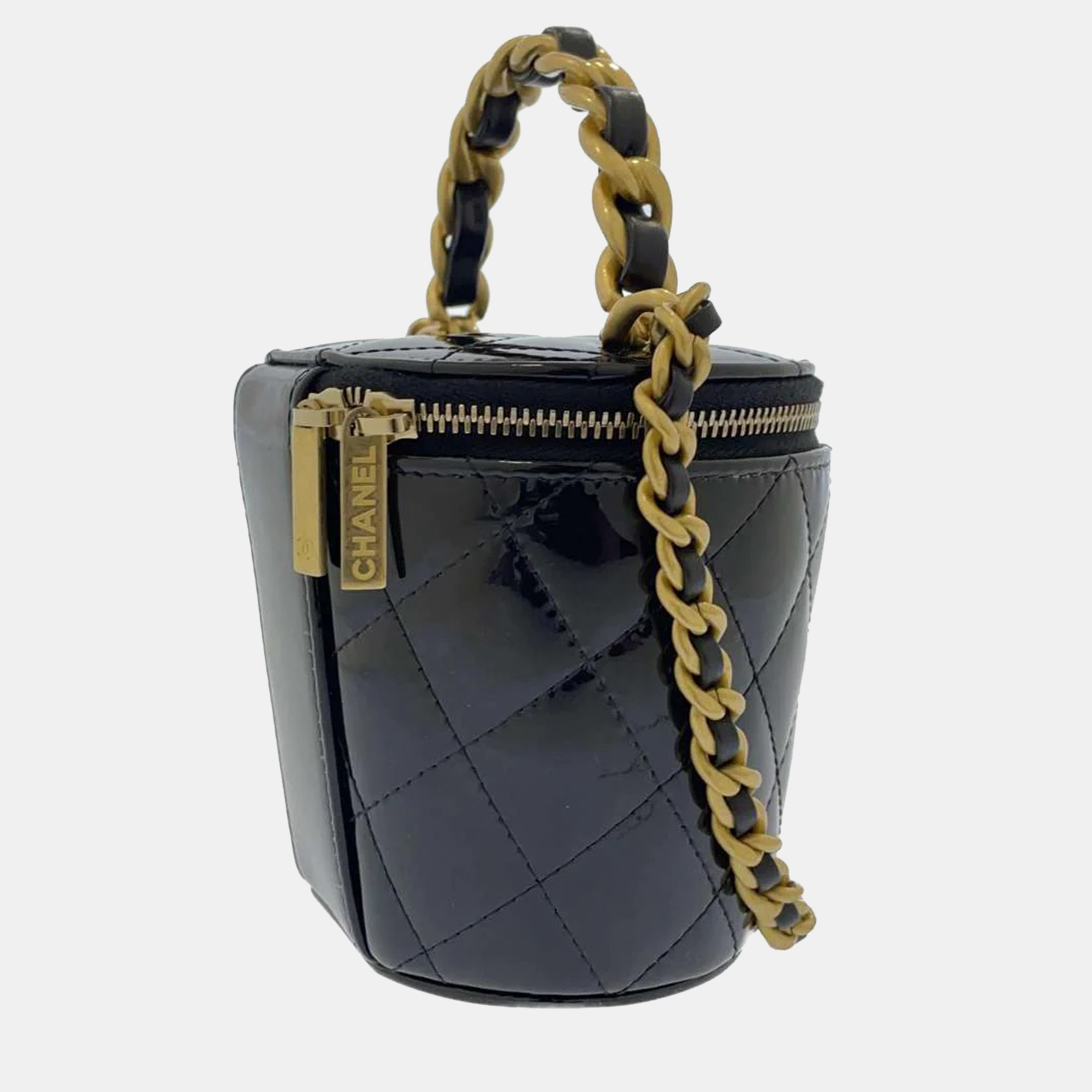 CHANEL Black Patent Leather Round Vanity Case Shoulder Bag