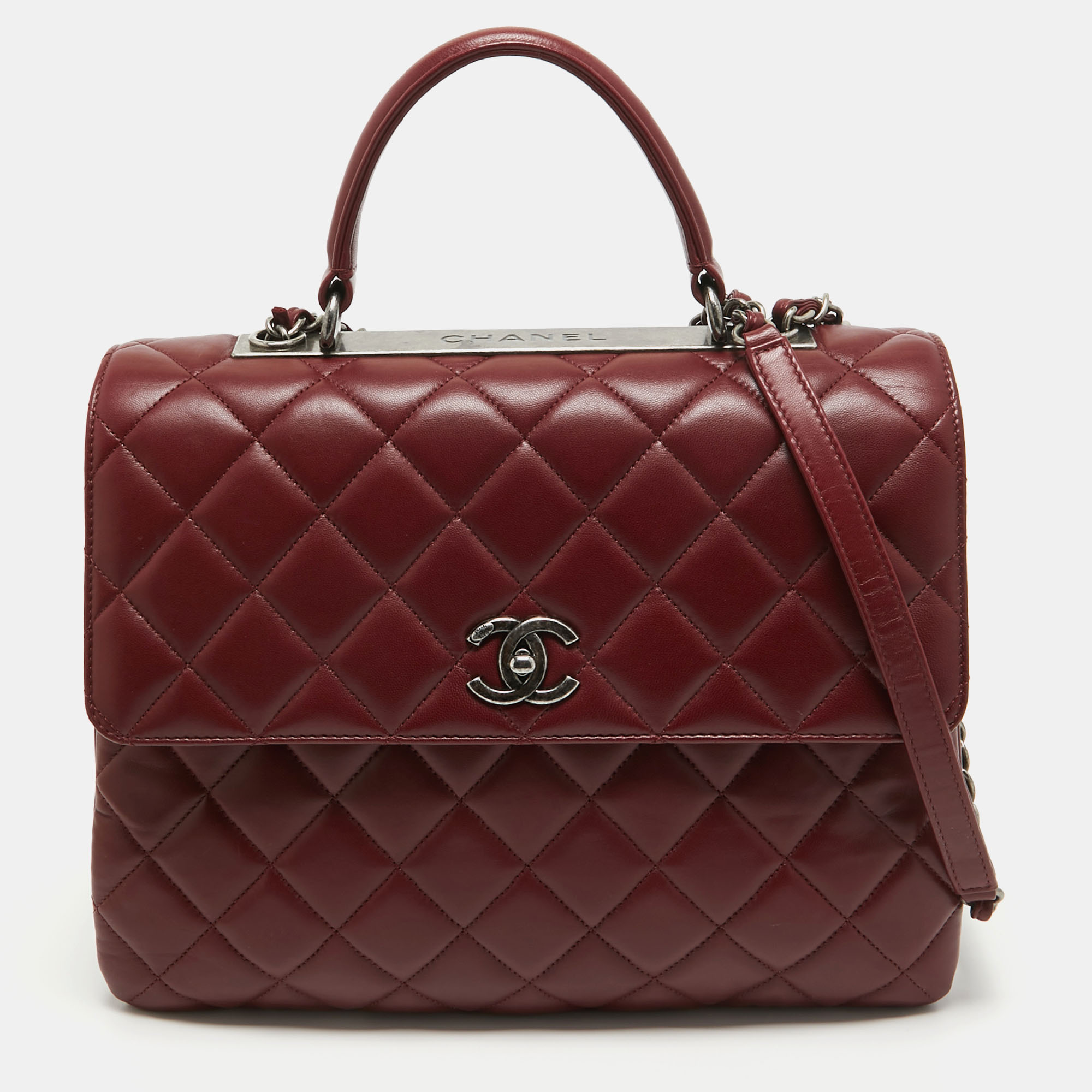 Chanel dark red quilted leather large trendy cc top handle bag