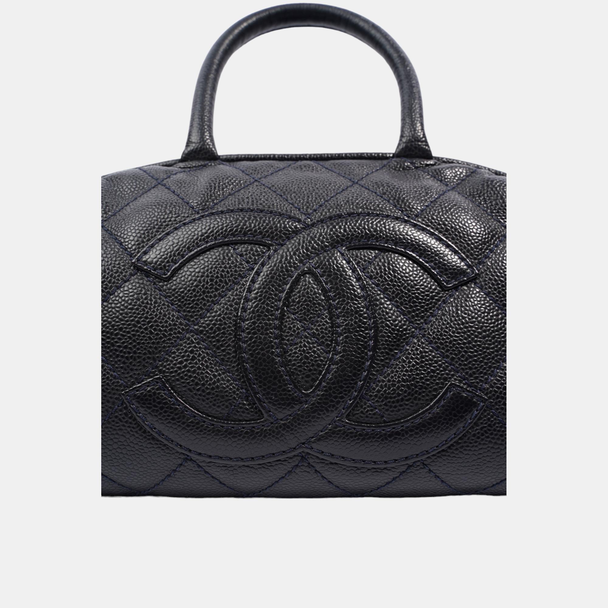 Chanel Quilted Leather Handbag Navy Caviar Leather