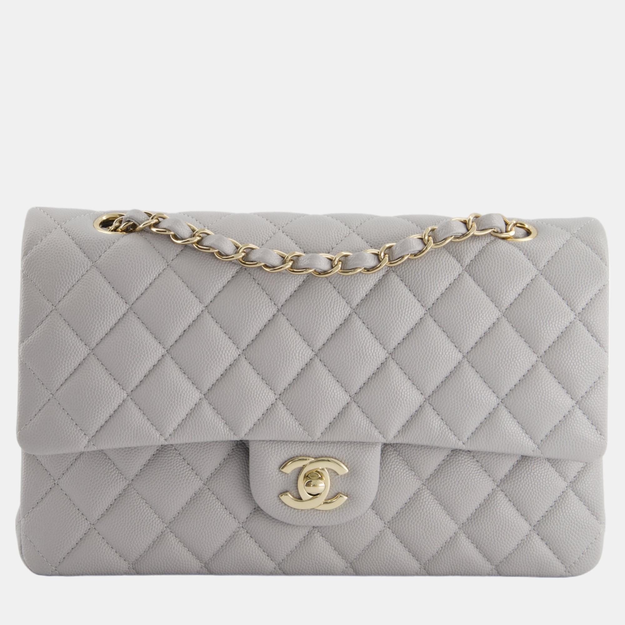 Chanel Medium Dove Grey Classic Double Flap In Caviar Leather With Champagne Gold Hardware