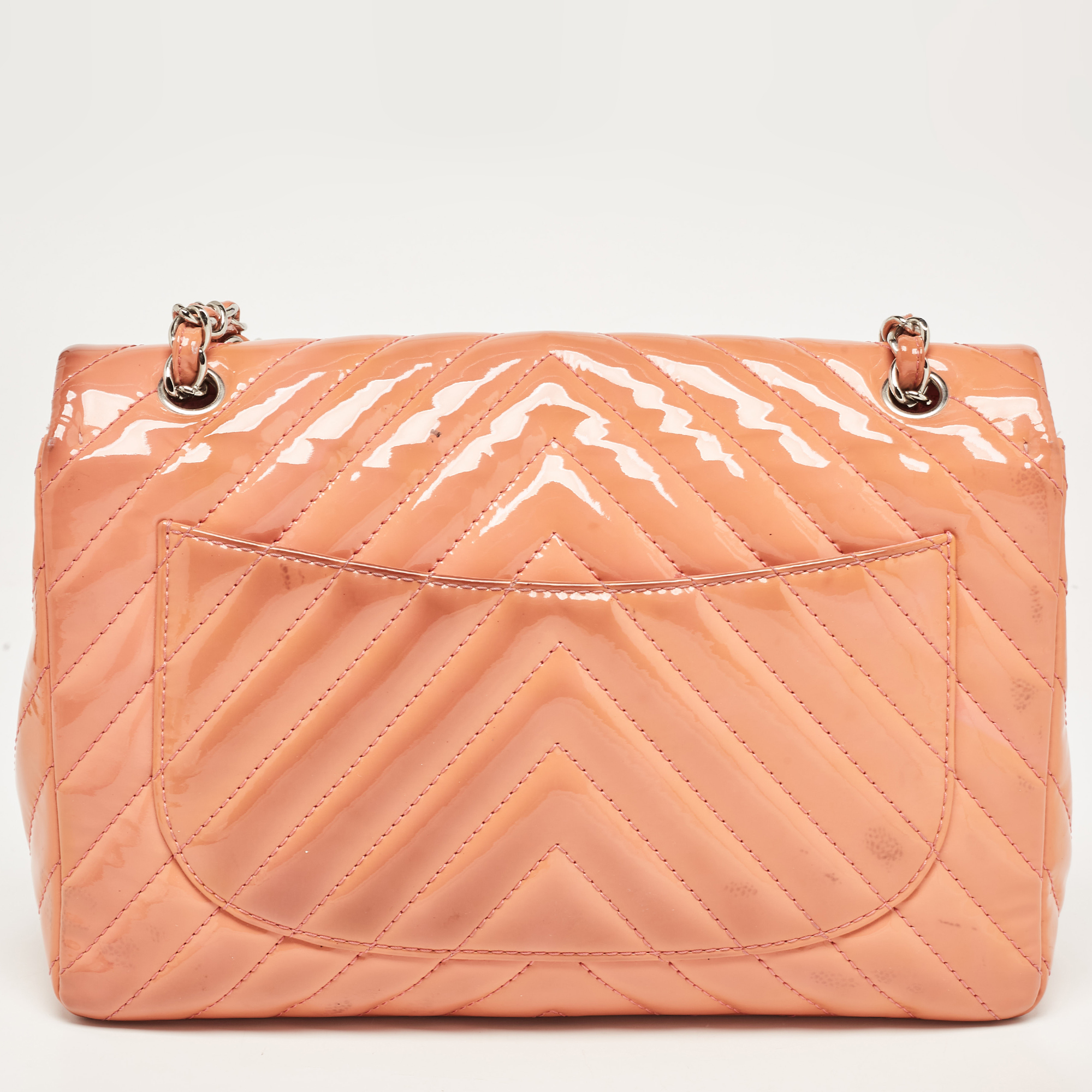 Chanel Pink Chevron Patent Leather Jumbo Classic Single Flap Bag