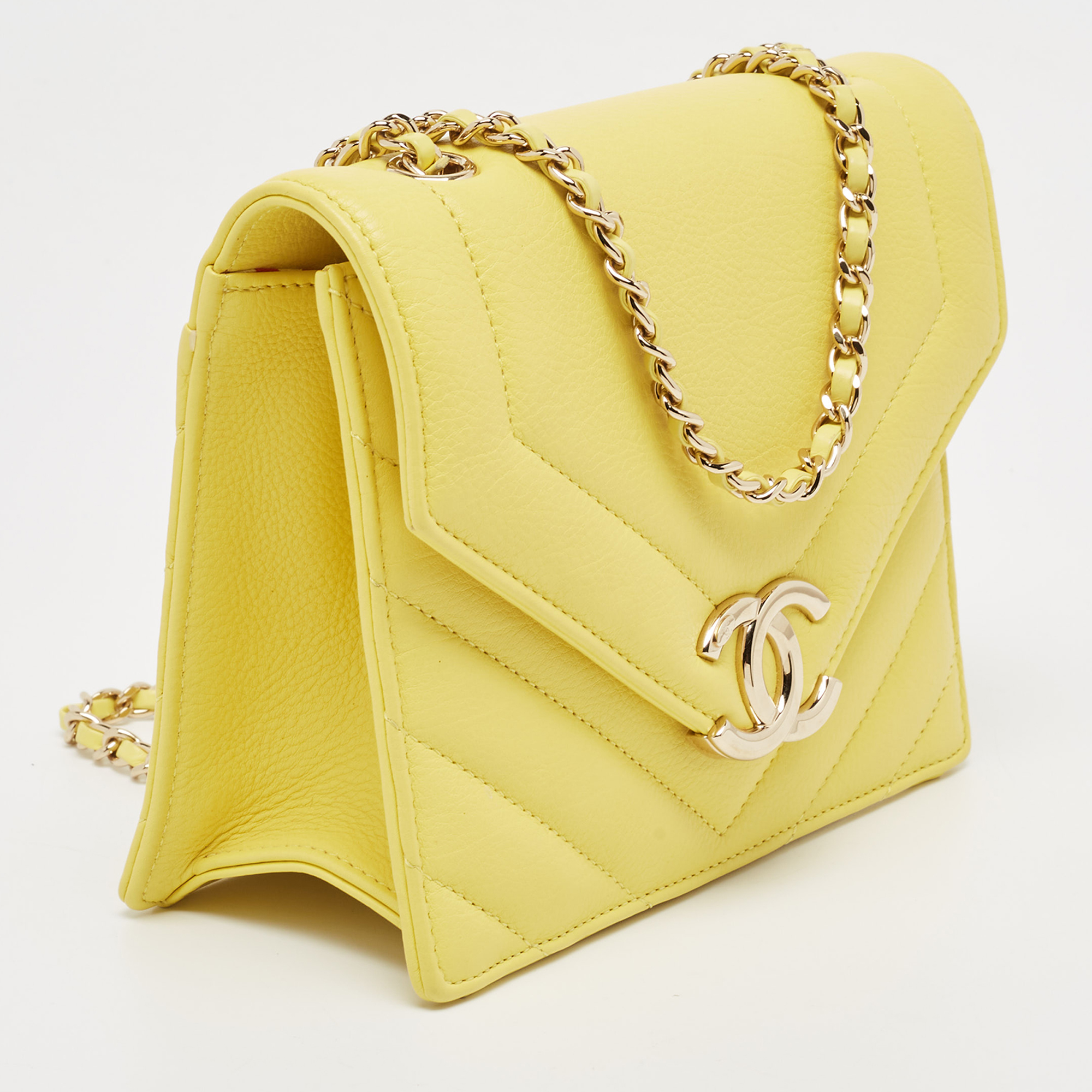 Chanel Yellow Leather  Small Vintage Chevron Flap Bag