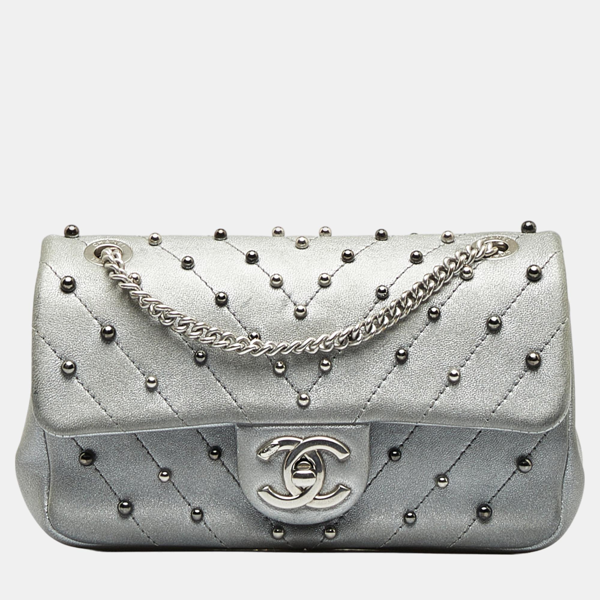 Chanel silver small studded chevron flap