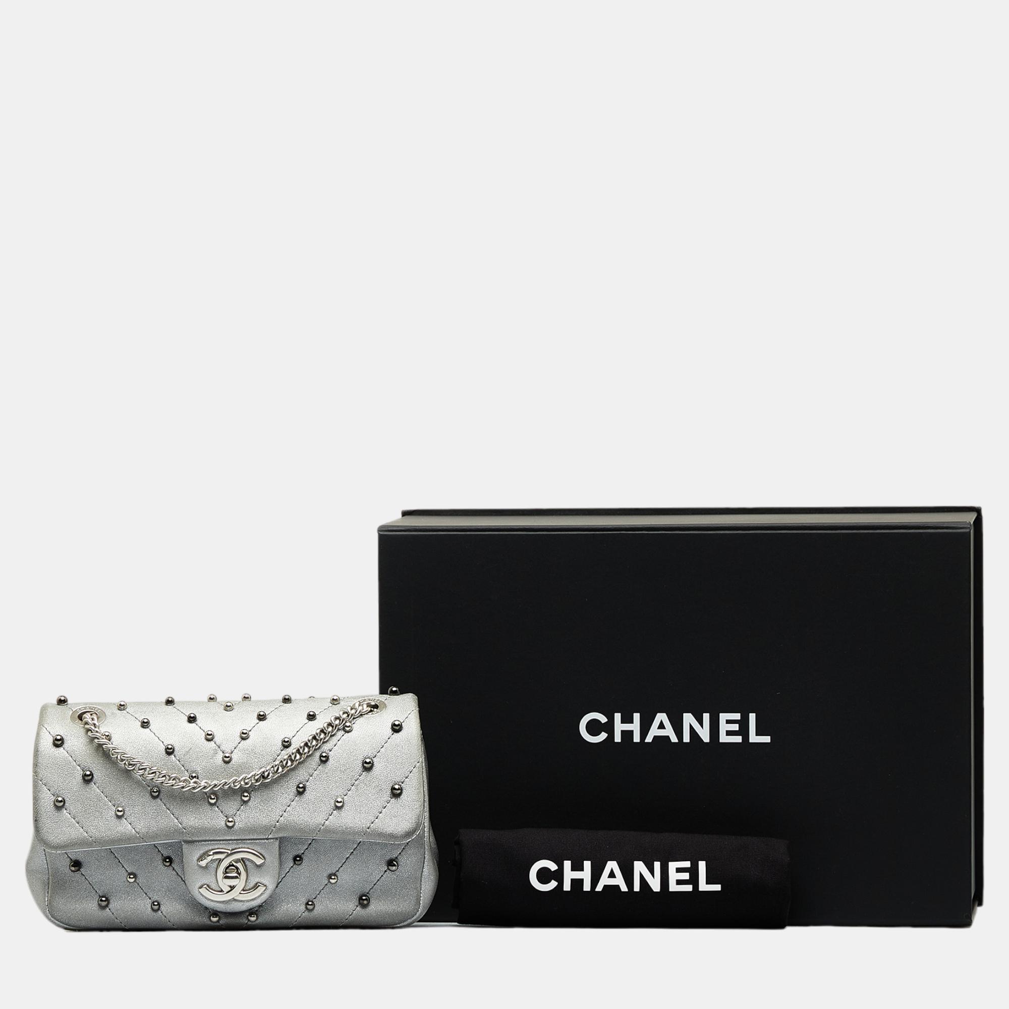 Chanel Silver Small Studded Chevron Flap