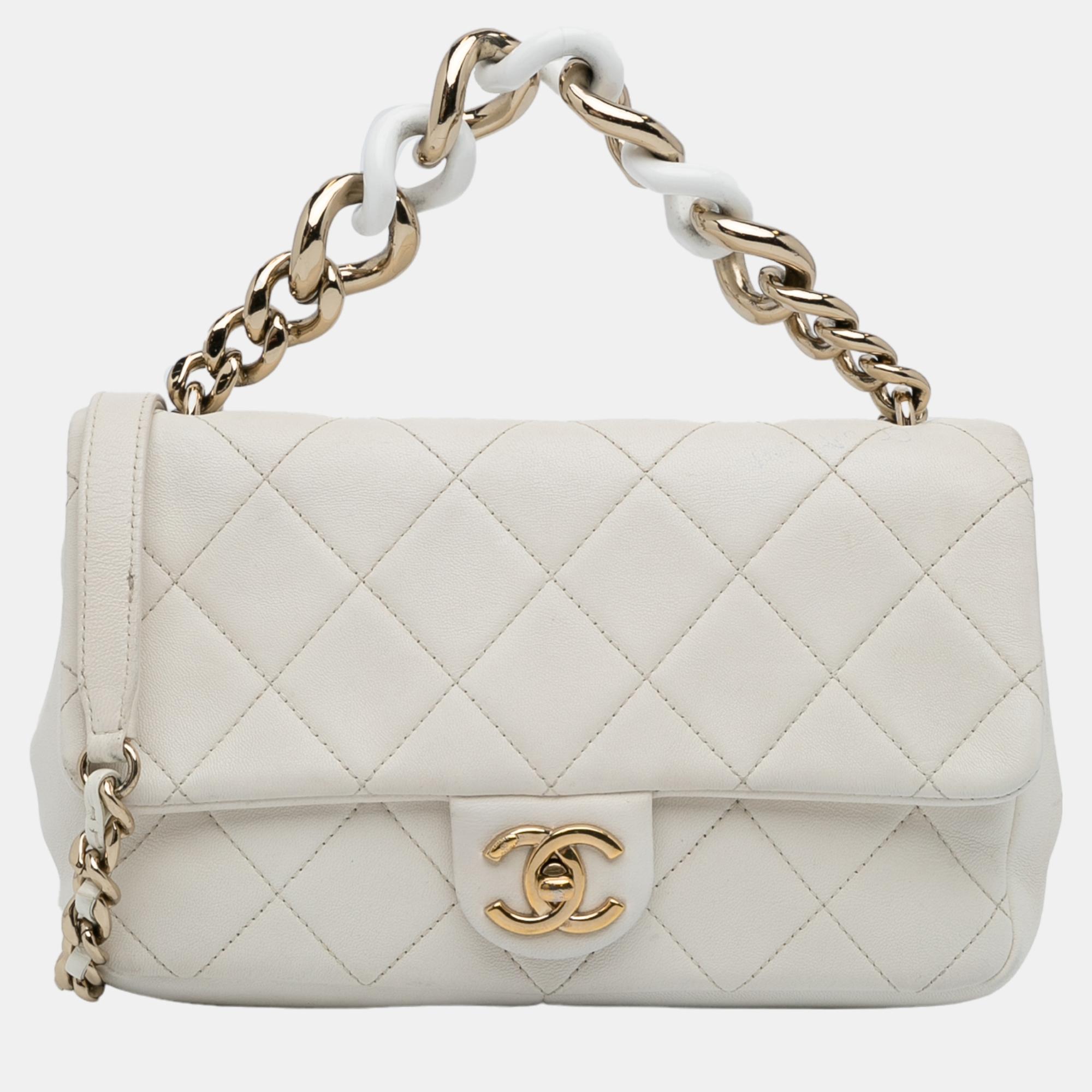 Chanel White Medium Lambskin Bicolor Chain Flap Bag