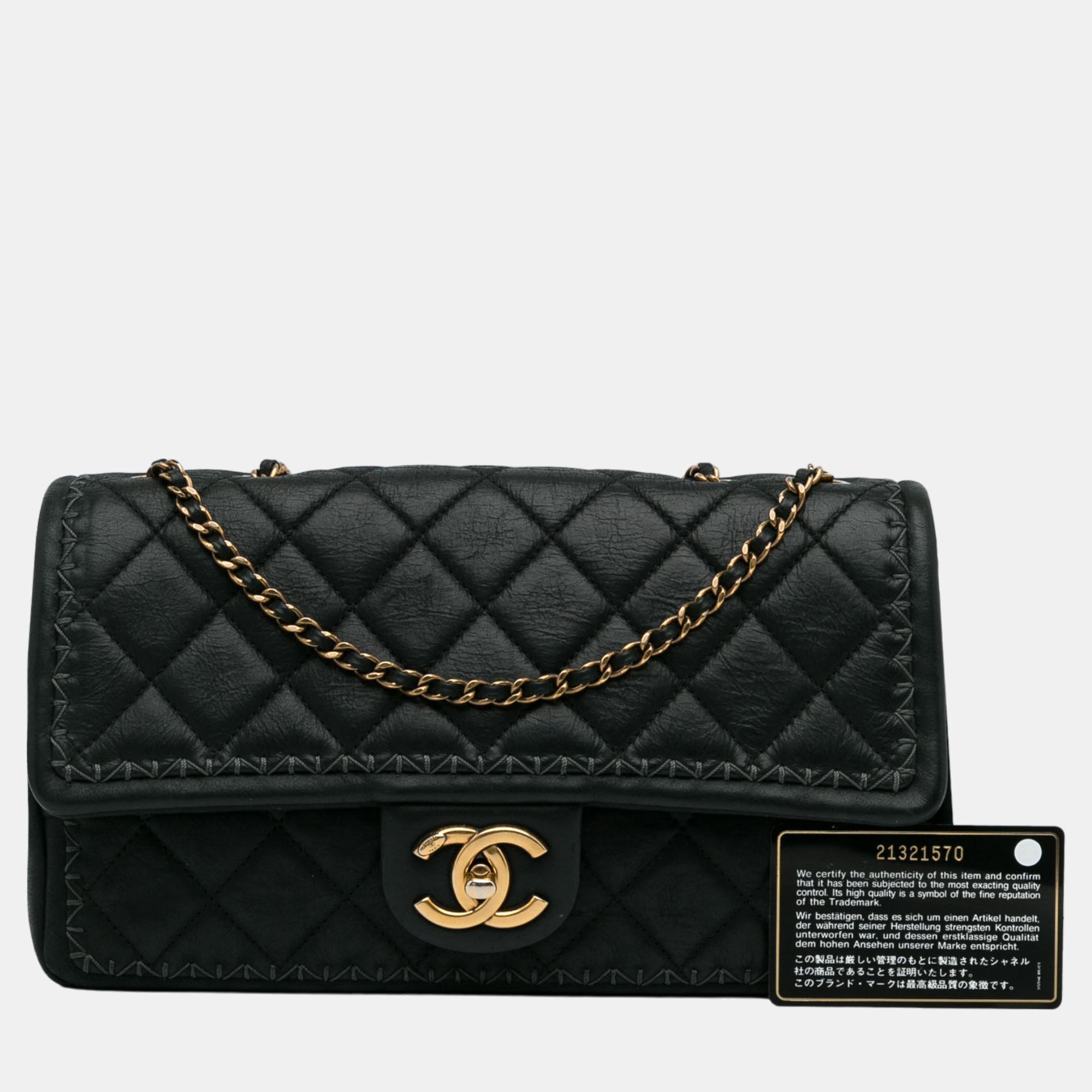 Chanel Black Quilted Lambskin Stitch Single Flap
