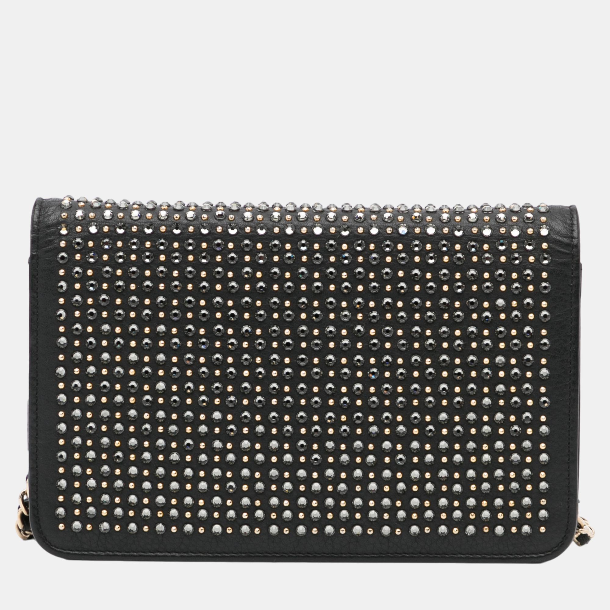 Chanel Black Studded Leather Wallet On Chain