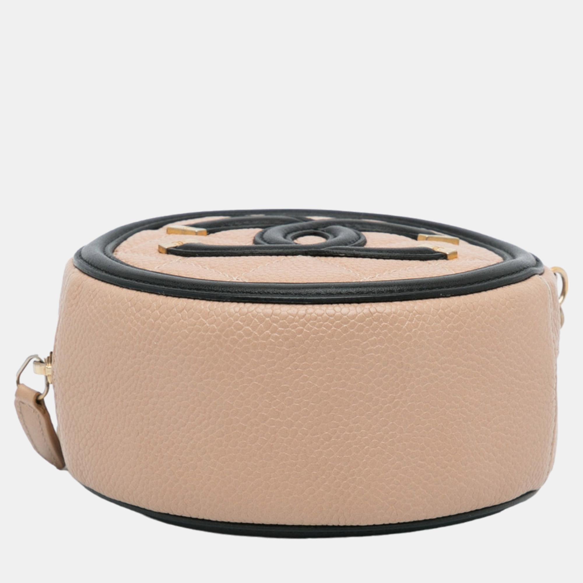 Chanel Beige/Brown CC Filigree Caviar Round Crossbody Bag