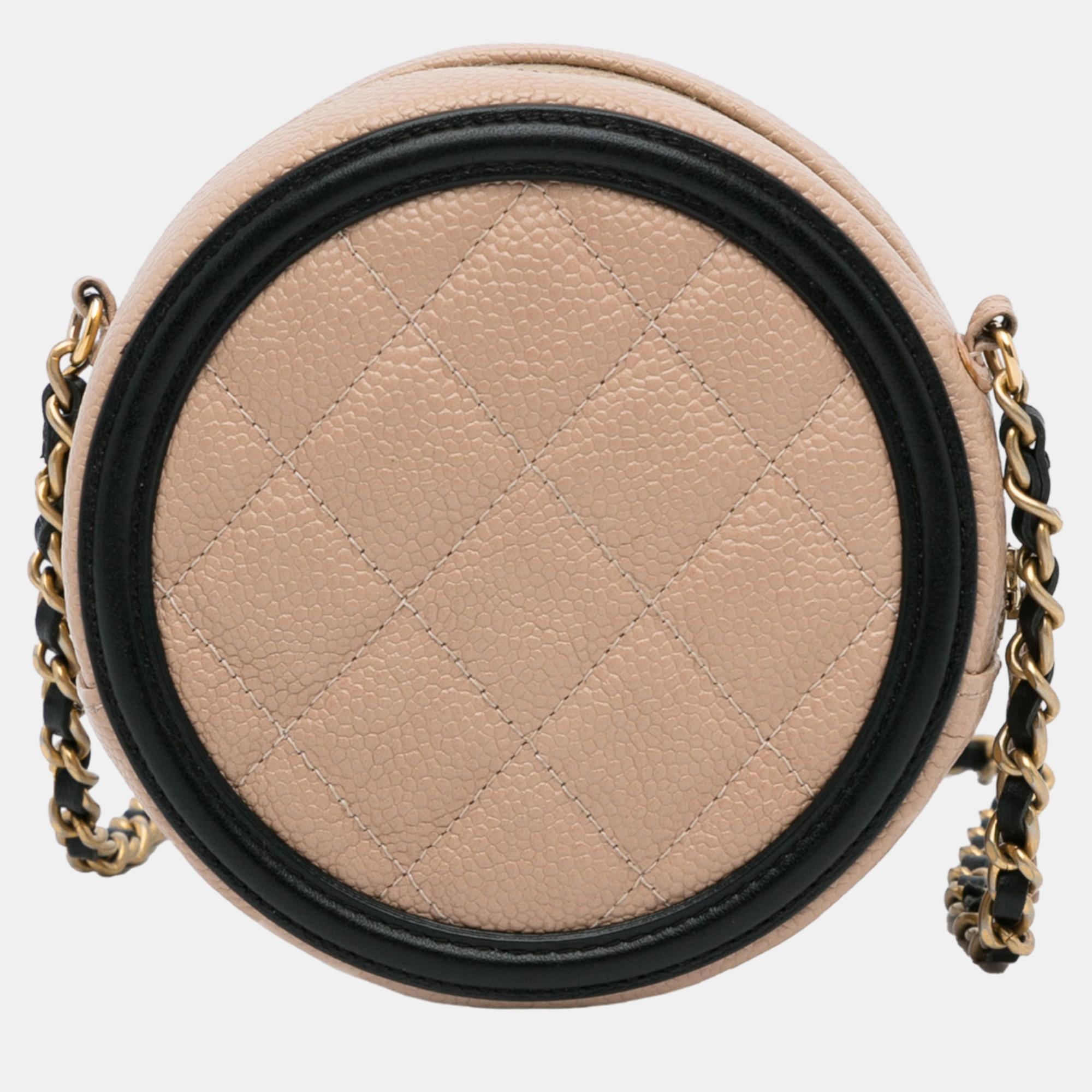 Chanel Beige/Brown CC Filigree Caviar Round Crossbody Bag